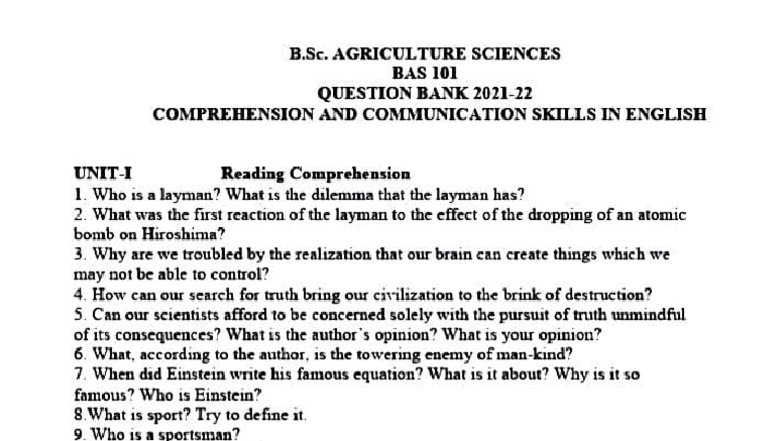 B.Se. AGRICULTURE SCIENCES BAS101 QUESTION BANK: COMPREHENSION ...