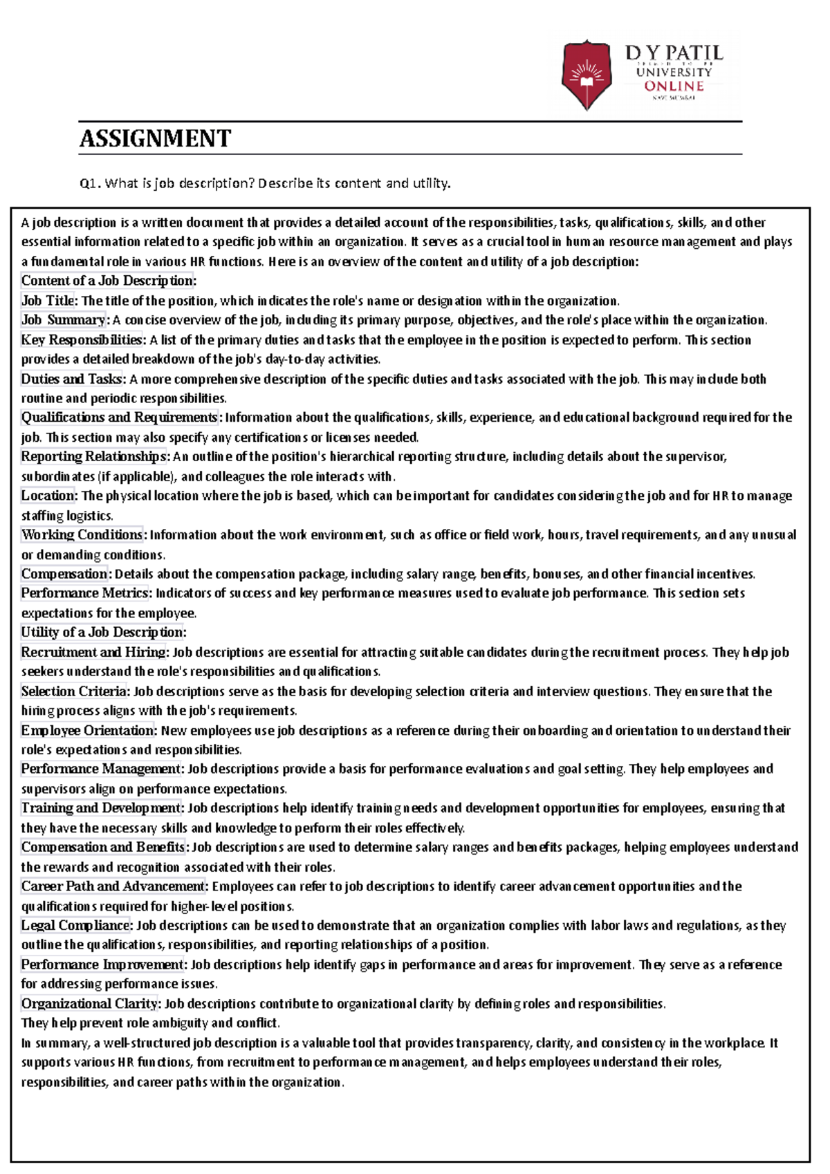 HRM-Module 4 - Assignment: Job Descriptions & Analysis Insights - Studocu
