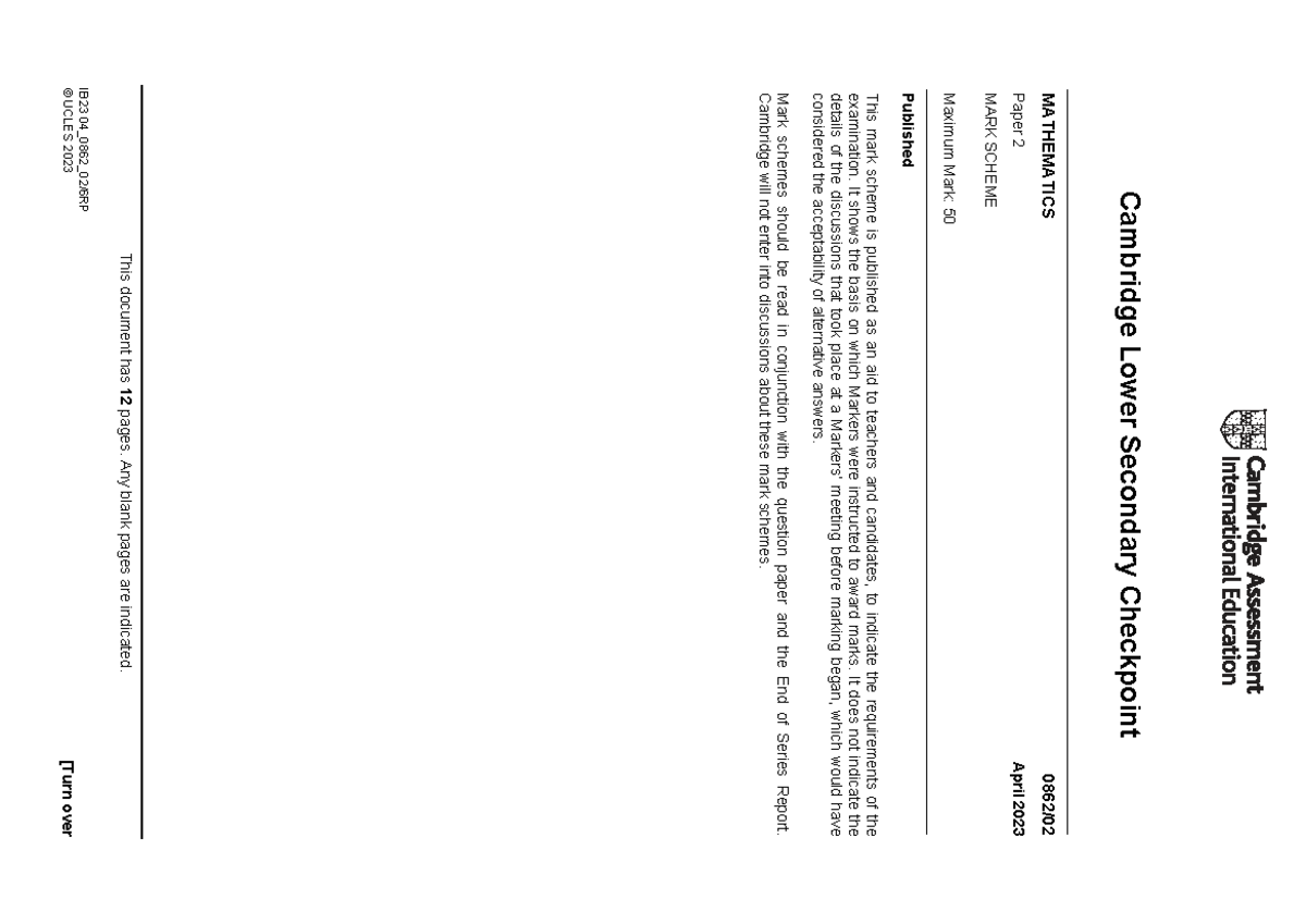 Cambridge Lower Secondary Checkpoint Mathematics 0862 Paper 2 Mark ...