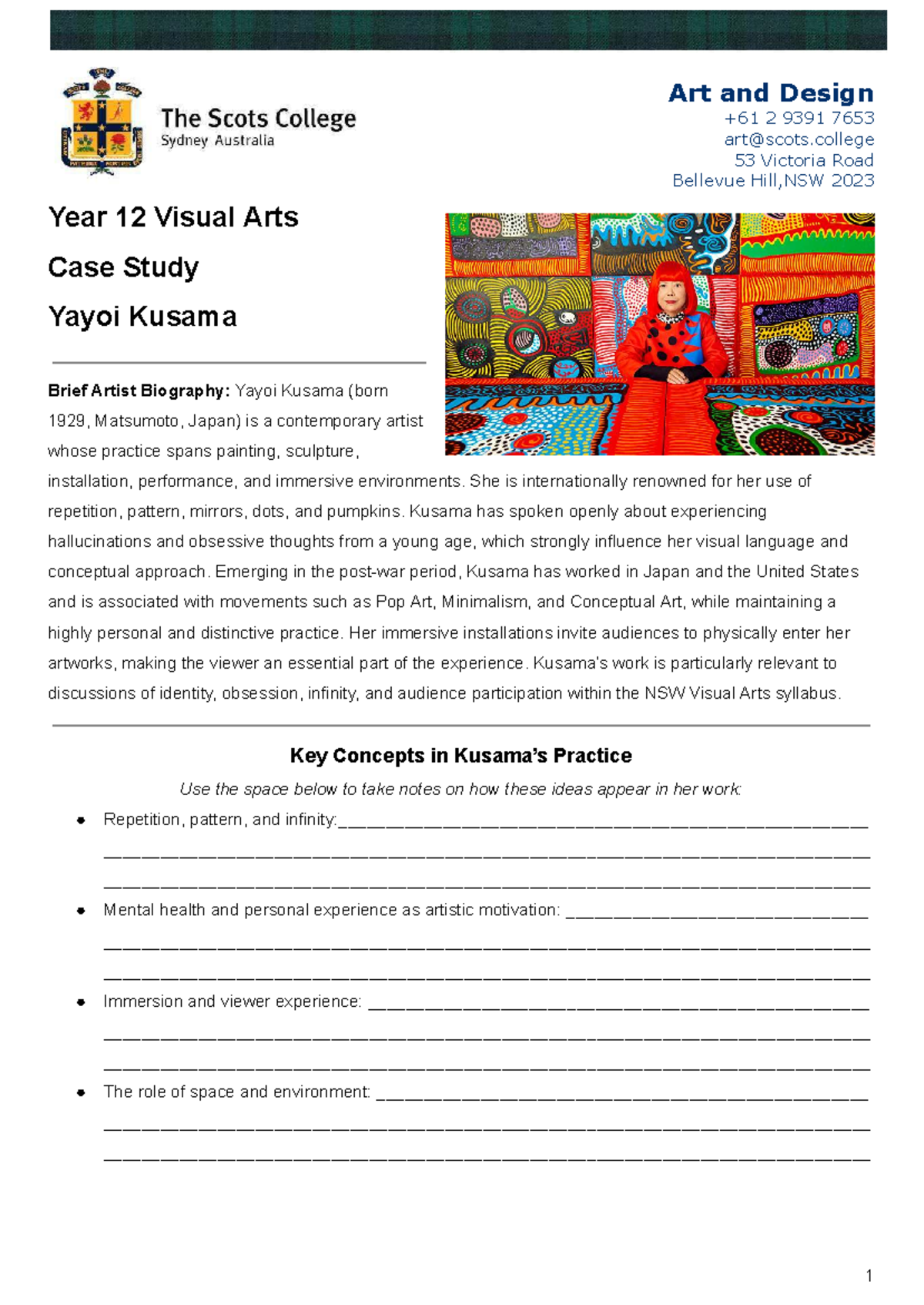 Year 12 Visual Arts Case Study: Yayoi Kusama's Immersive Art - Studocu