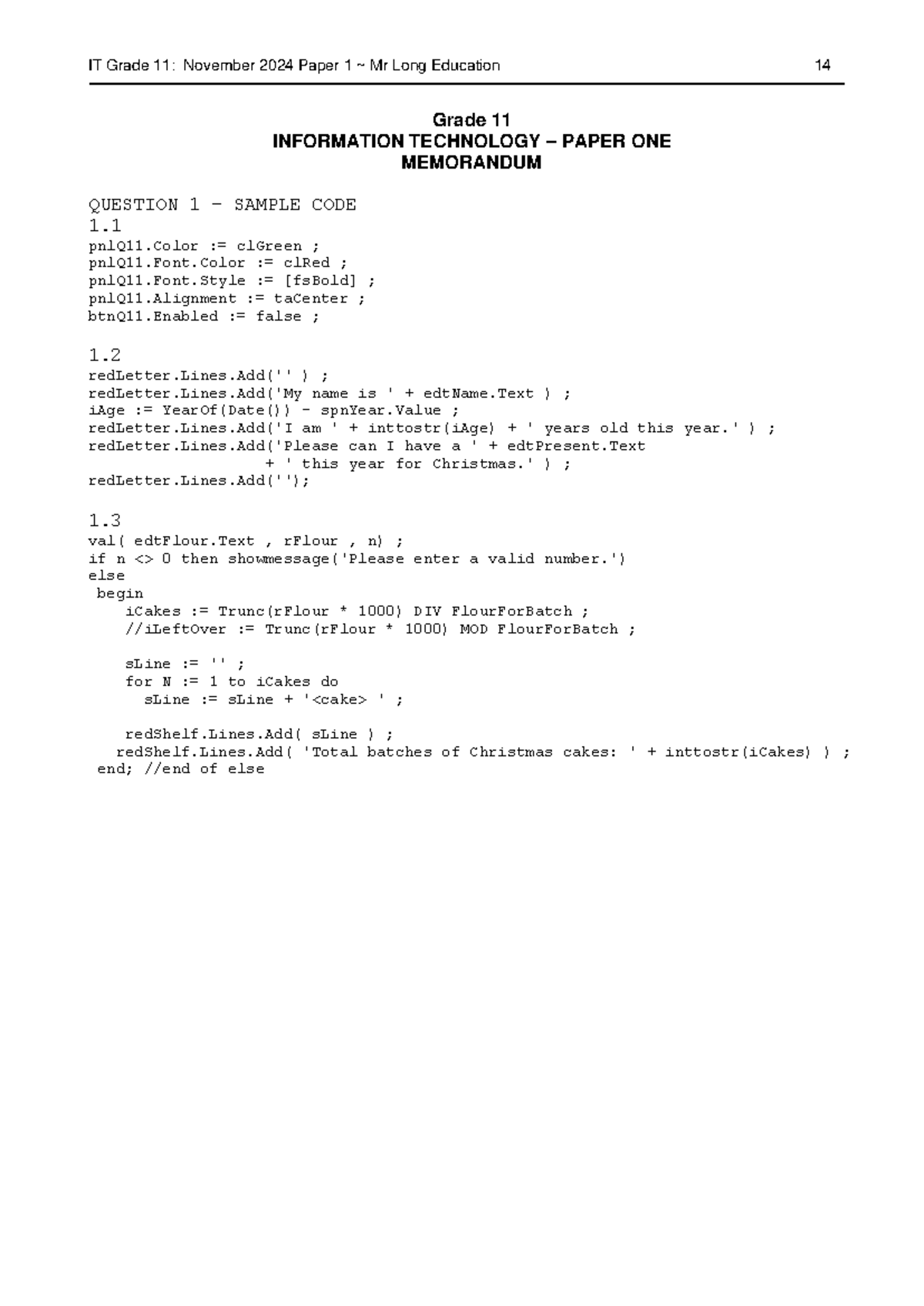Gr11 IT 11: Nov 2024 Paper 1 Memo Sample Code Practice - Studocu