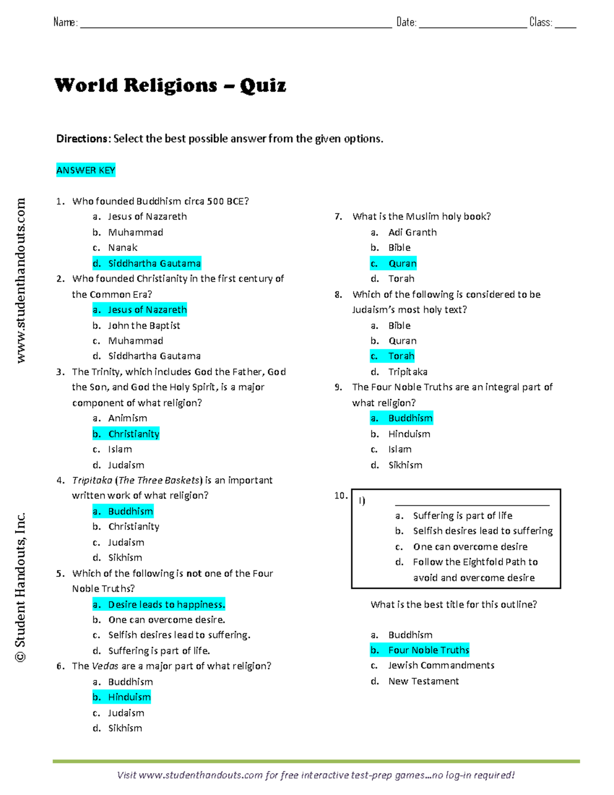 World Religions Quiz Answer Key (RELG 101) - Studocu