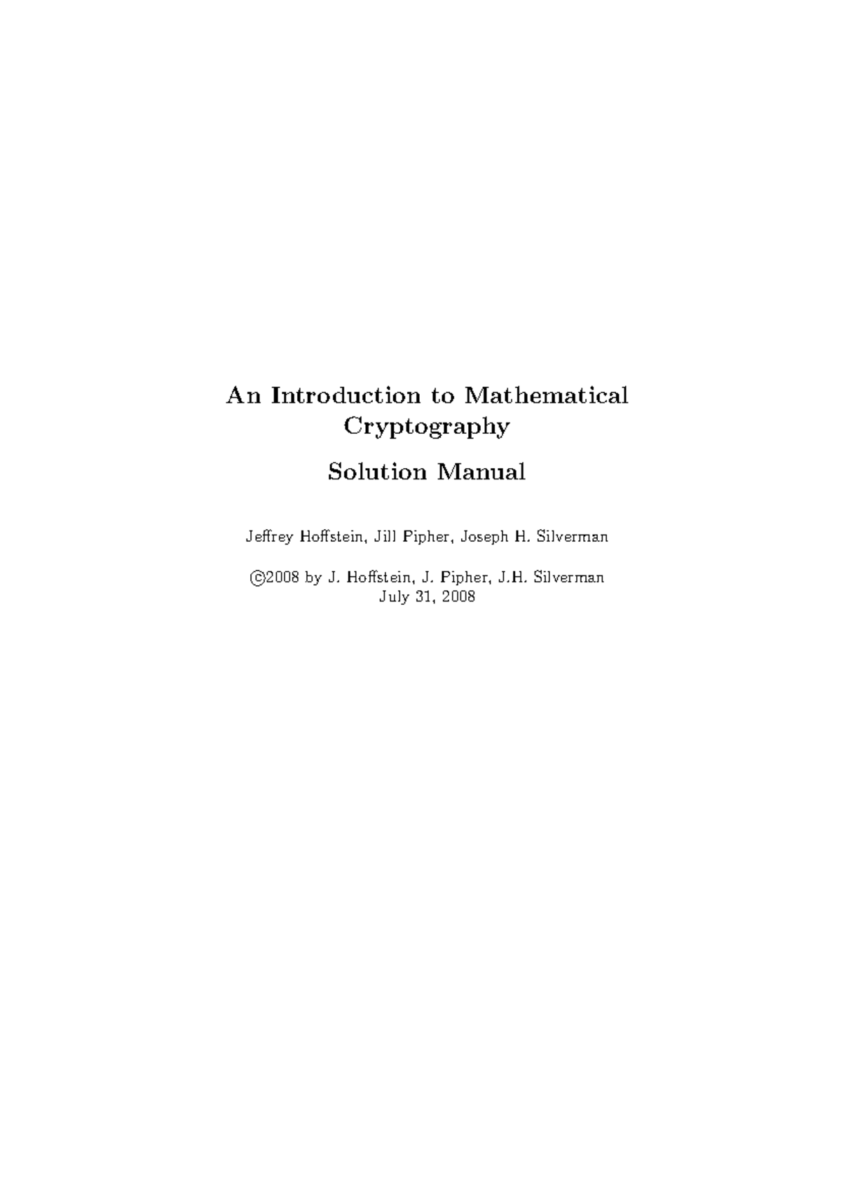 Mathematical cryptography solutions - An Introduction to Mathematical Cryptography Solution ...