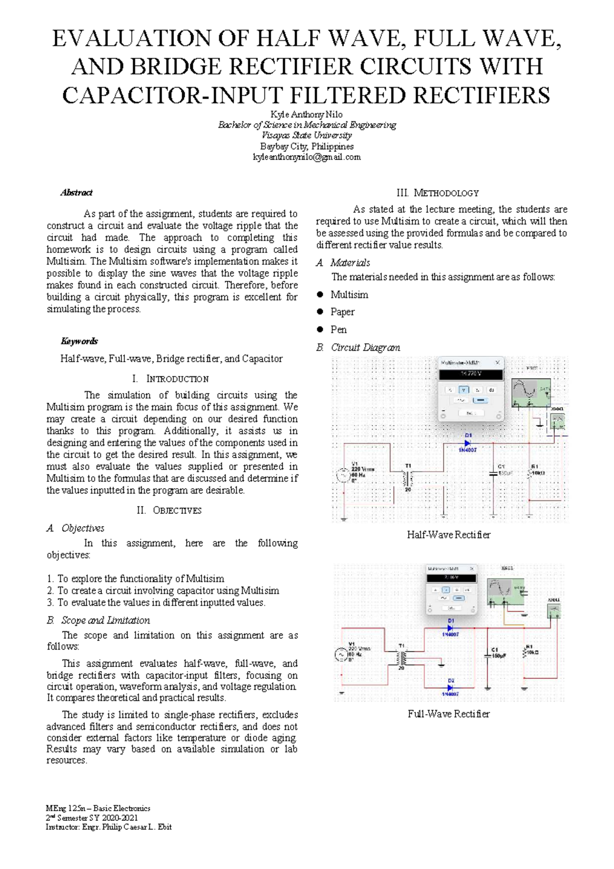 MEng 125n Final Exam: Evaluation of Rectifier Circuits Using Multisim ...