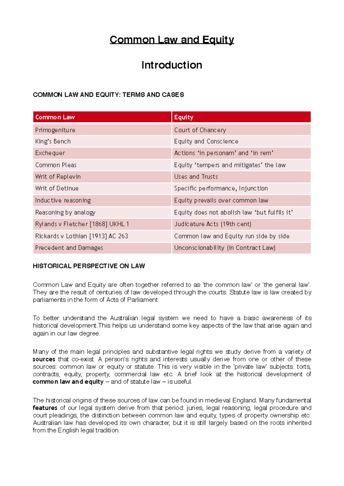 Common Law and Equity - Lecture Notes 1: A Historical Overview - Studocu