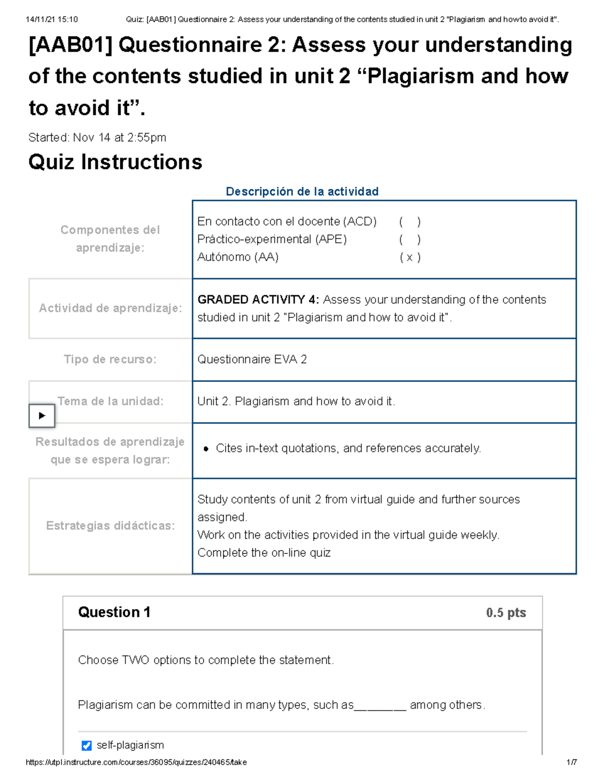 Quiz [AAB01] Unit 2: Plagiarism Awareness and Avoidance Questionnaire ...