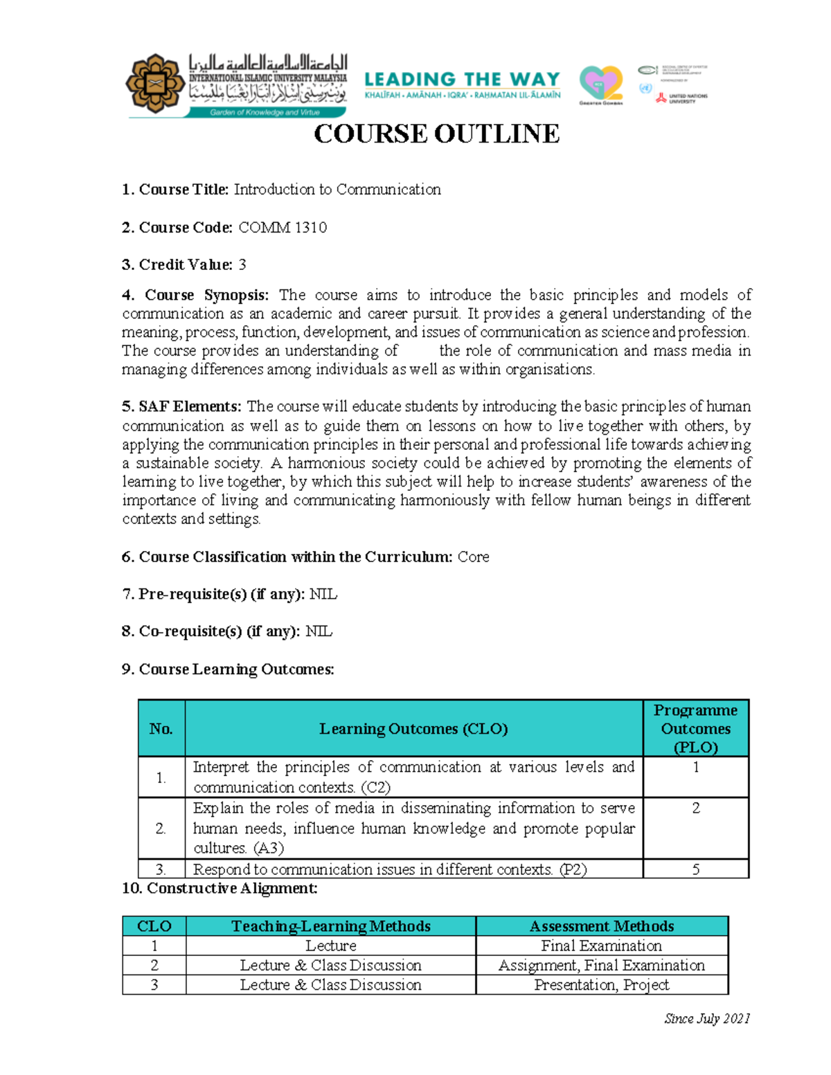 COMM 1310 Introduction to Communication Course Outline SEM 1 2023-24 ...