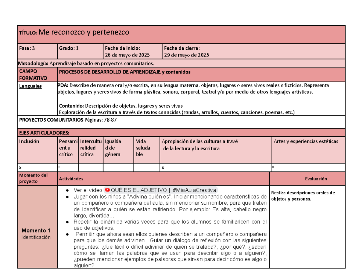 Planeación de Proyecto Comunitario: Me Reconozco y Pertenezco 1° Grado ...