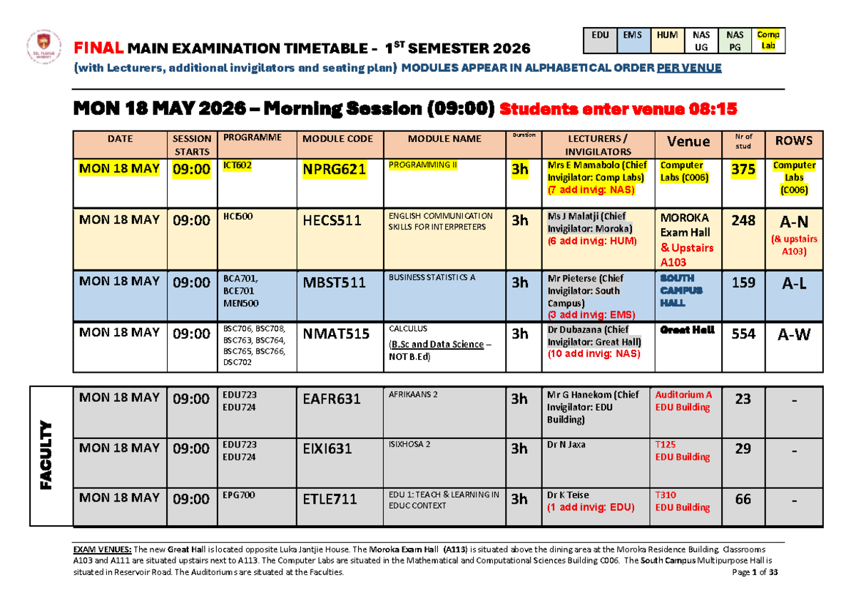 EDU FINAL MAIN EXAM TIMETABLE 1ST SEMESTER 2026 WITH VENUES ...