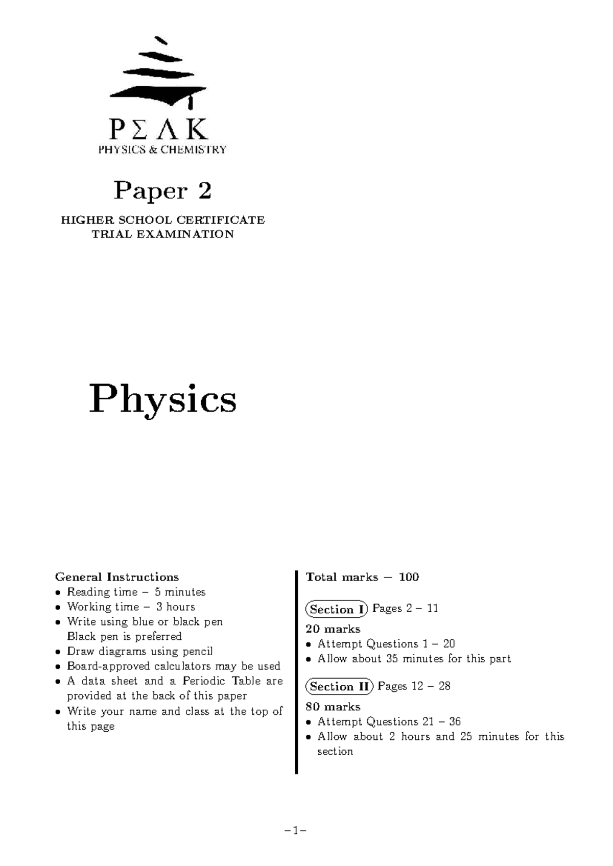 PEAK Trial Exam 2 Physics Solutions (HSC Physics) - Studocu