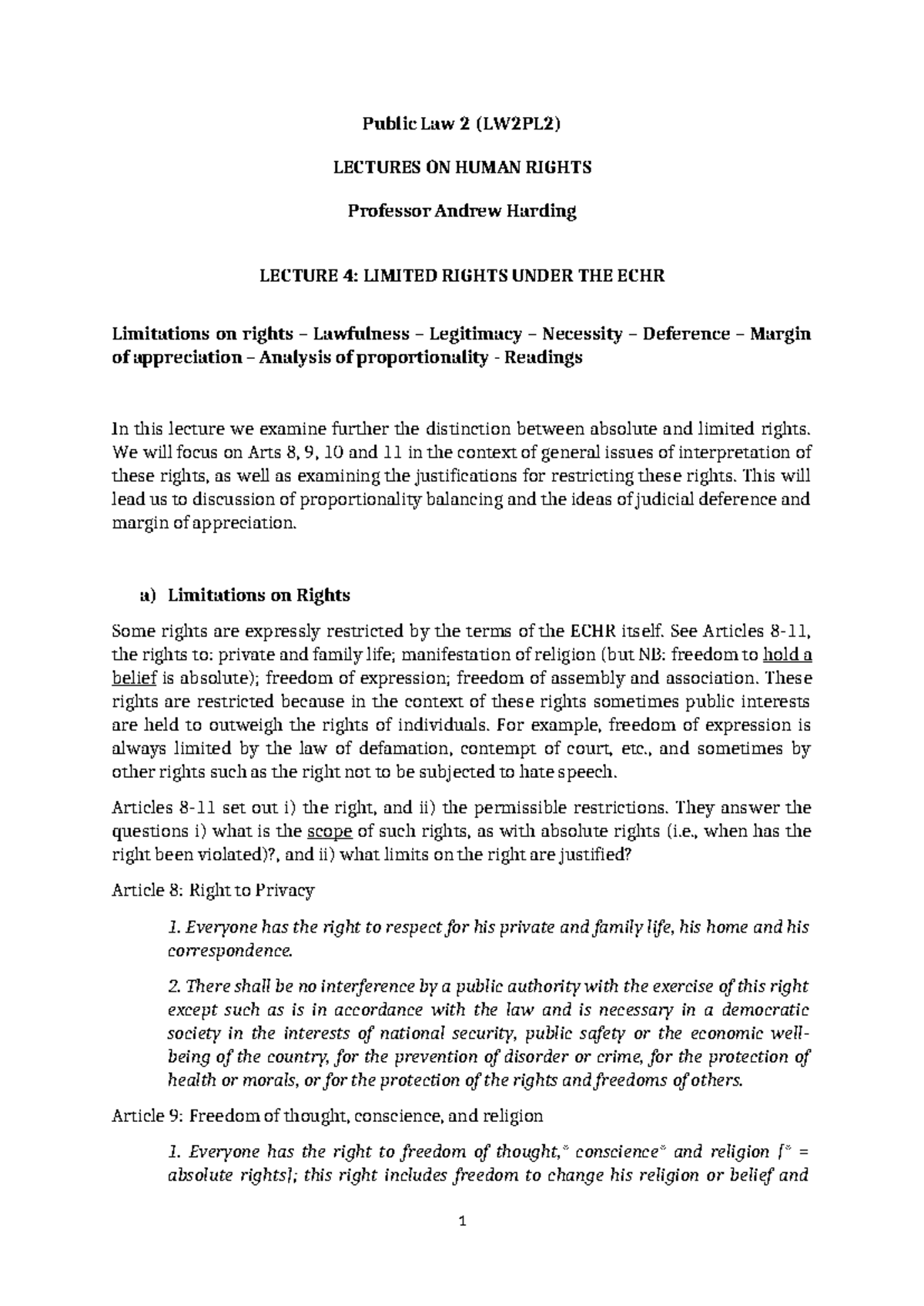 Limited Rights Under ECHR Lecture Handout (LW2PL2) - Studocu