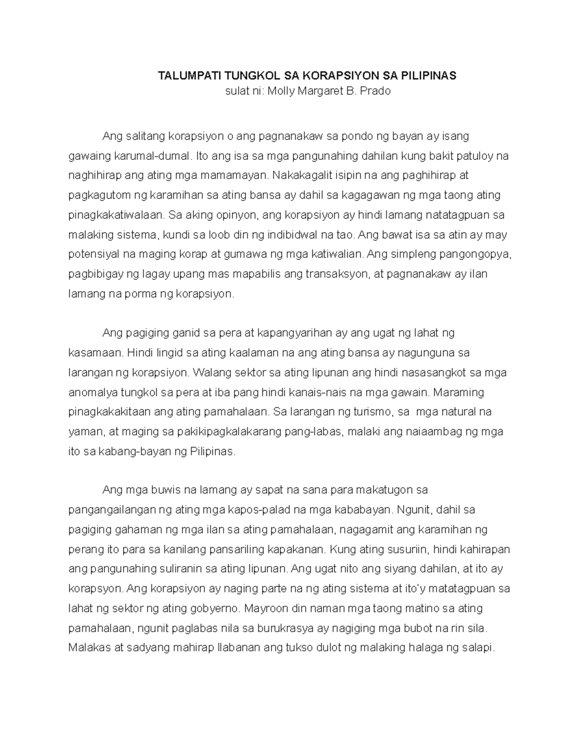 Filipino TERM 3 PT - Talumpati Tungkol sa Korapsiyon sa Pilipinas - Studocu