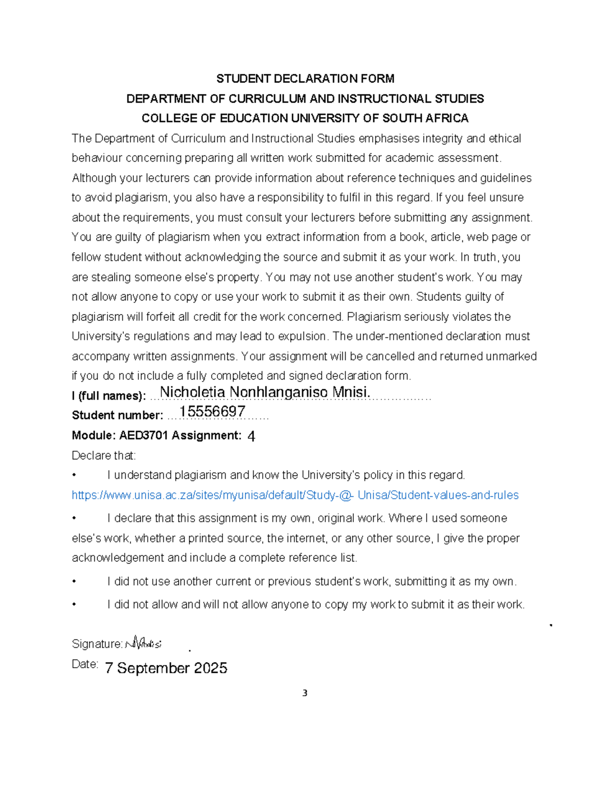 AED3701 Assessment Declaration and Plagiarism Policy Guide - Studocu