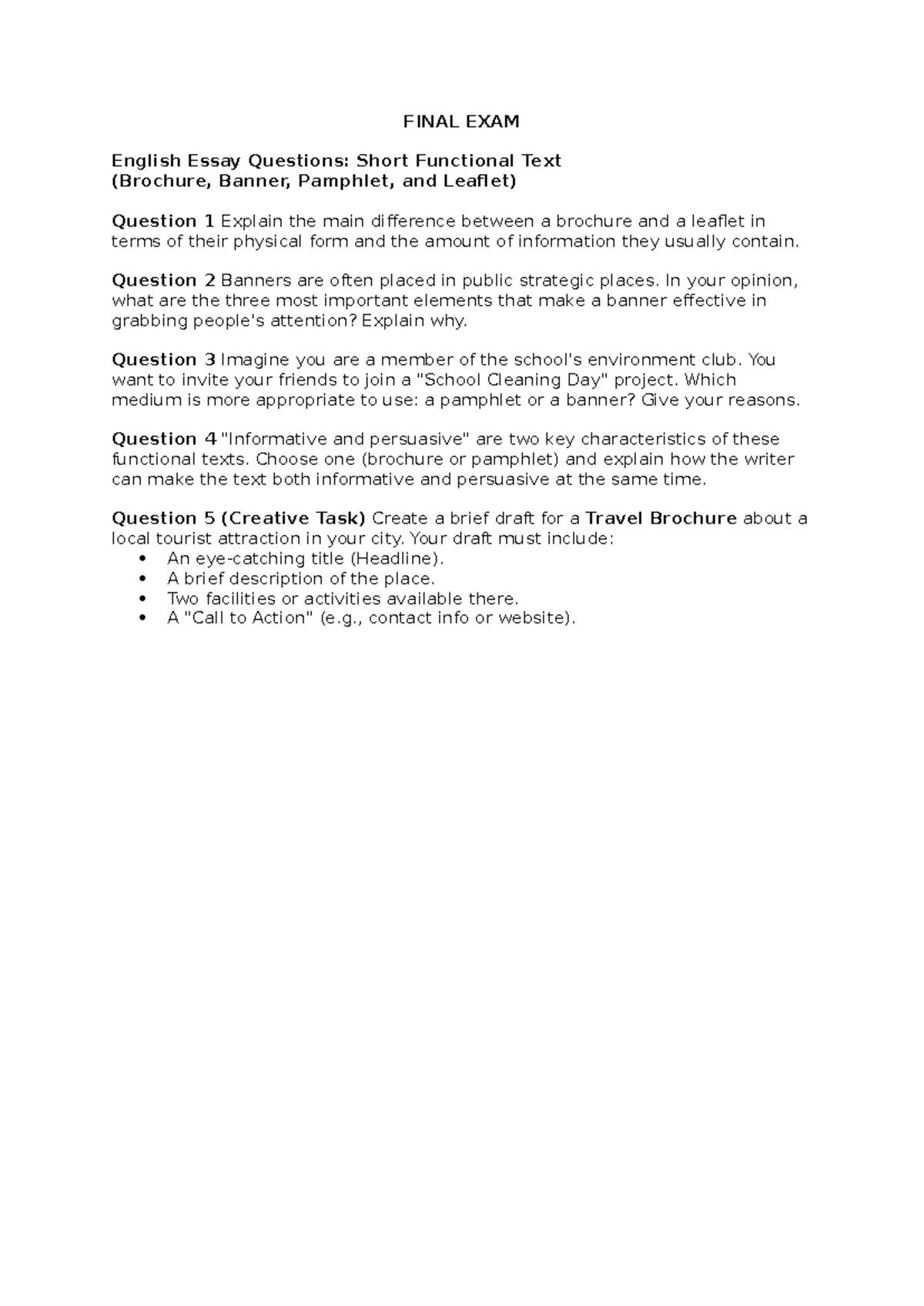 FINAL EXAM English Essay Questions on Functional Texts - Studocu