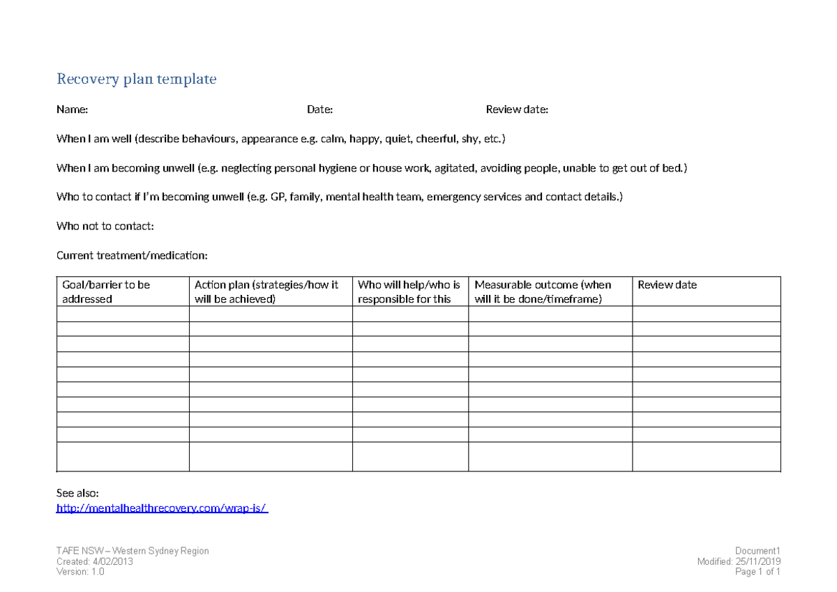 Recovery Plan Template: Strategies for Well-being and Support - Studocu