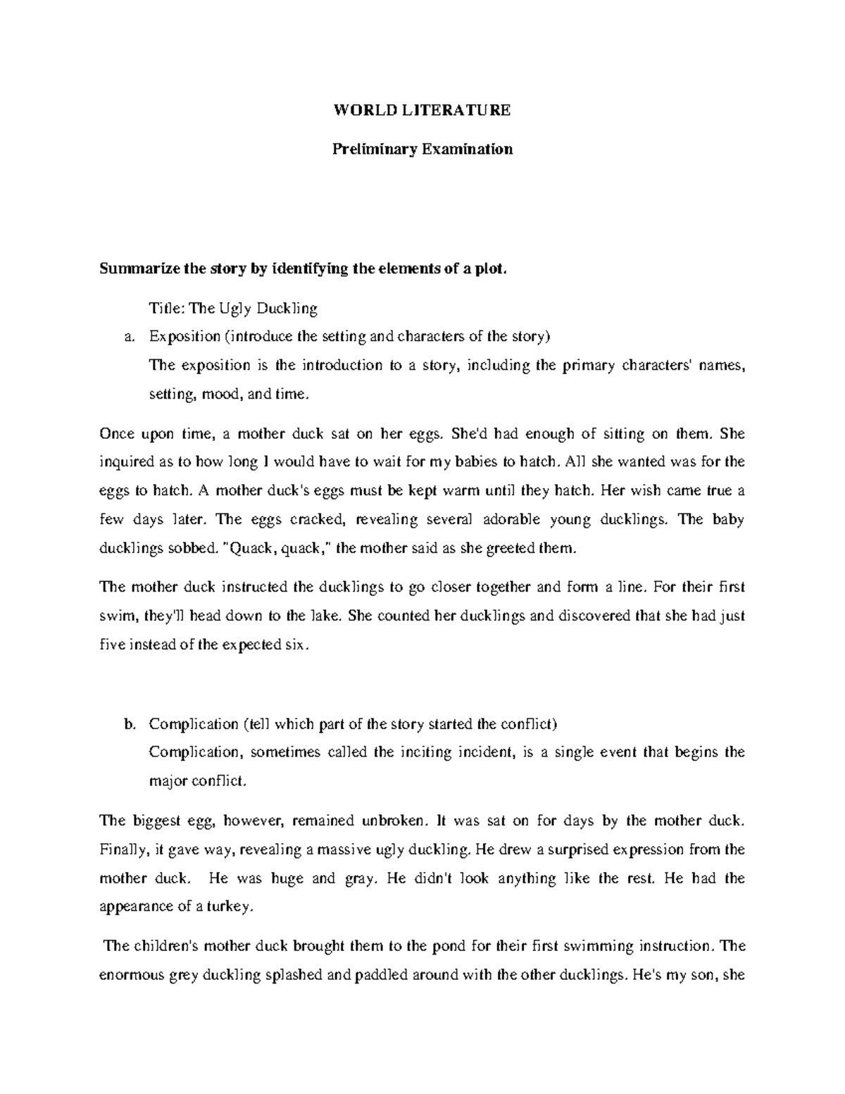 Prelim EXAM The Ugly Duckling - WORLD LITERATURE Preliminary ...