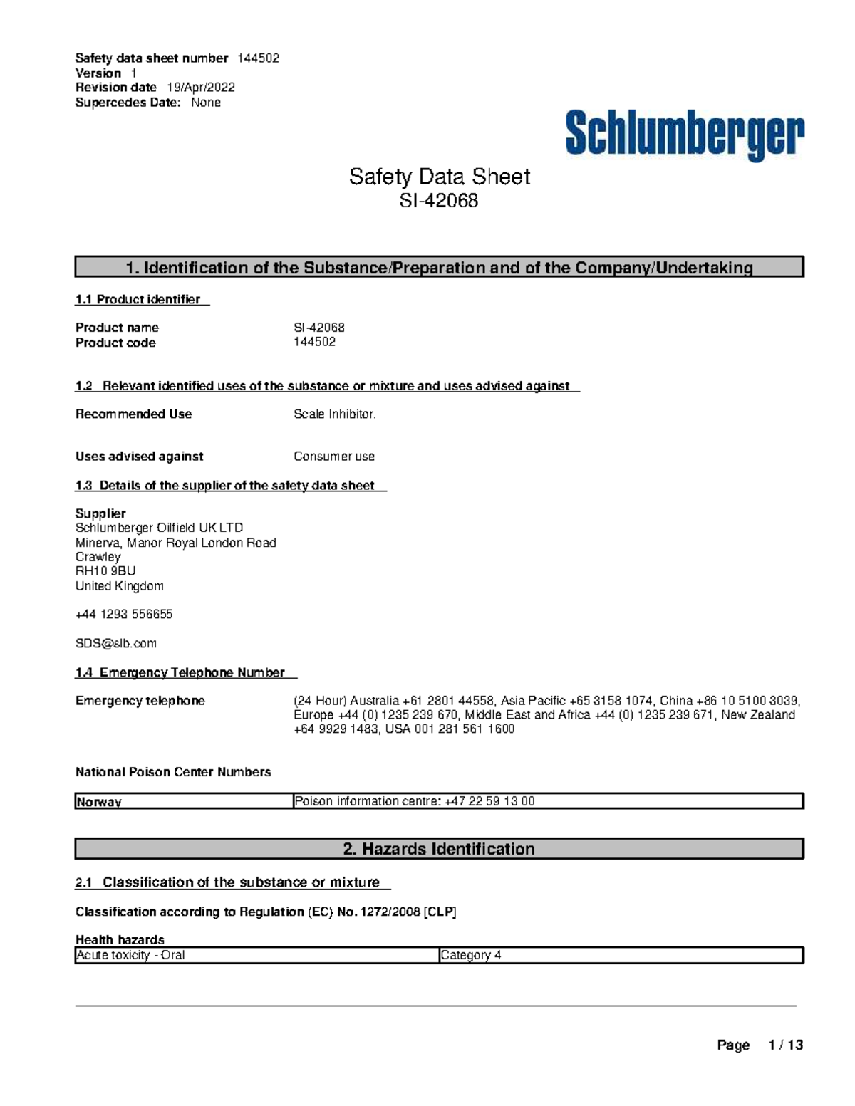 MSDS 144502: Scale Inhibitor Safety Data Sheet - Studocu