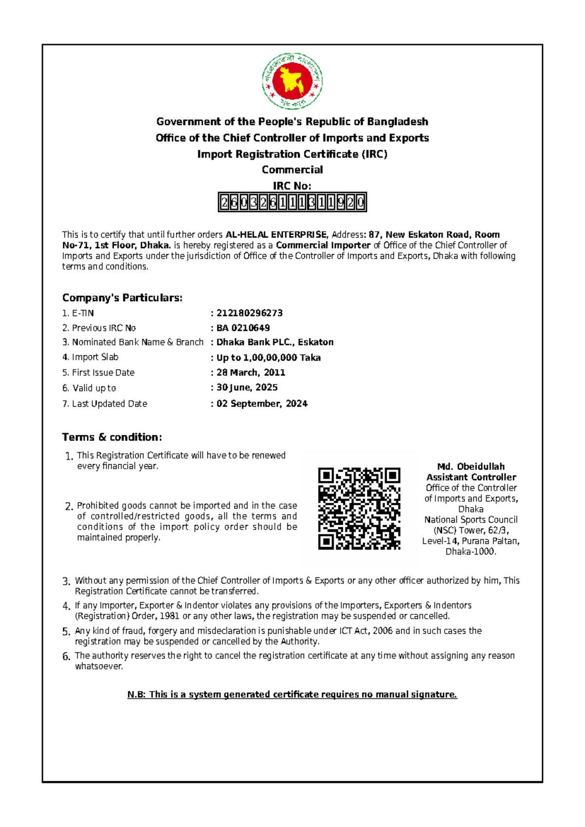 Import Registration Certificate (IRC) for Commercial Importer 2024-2025 ...