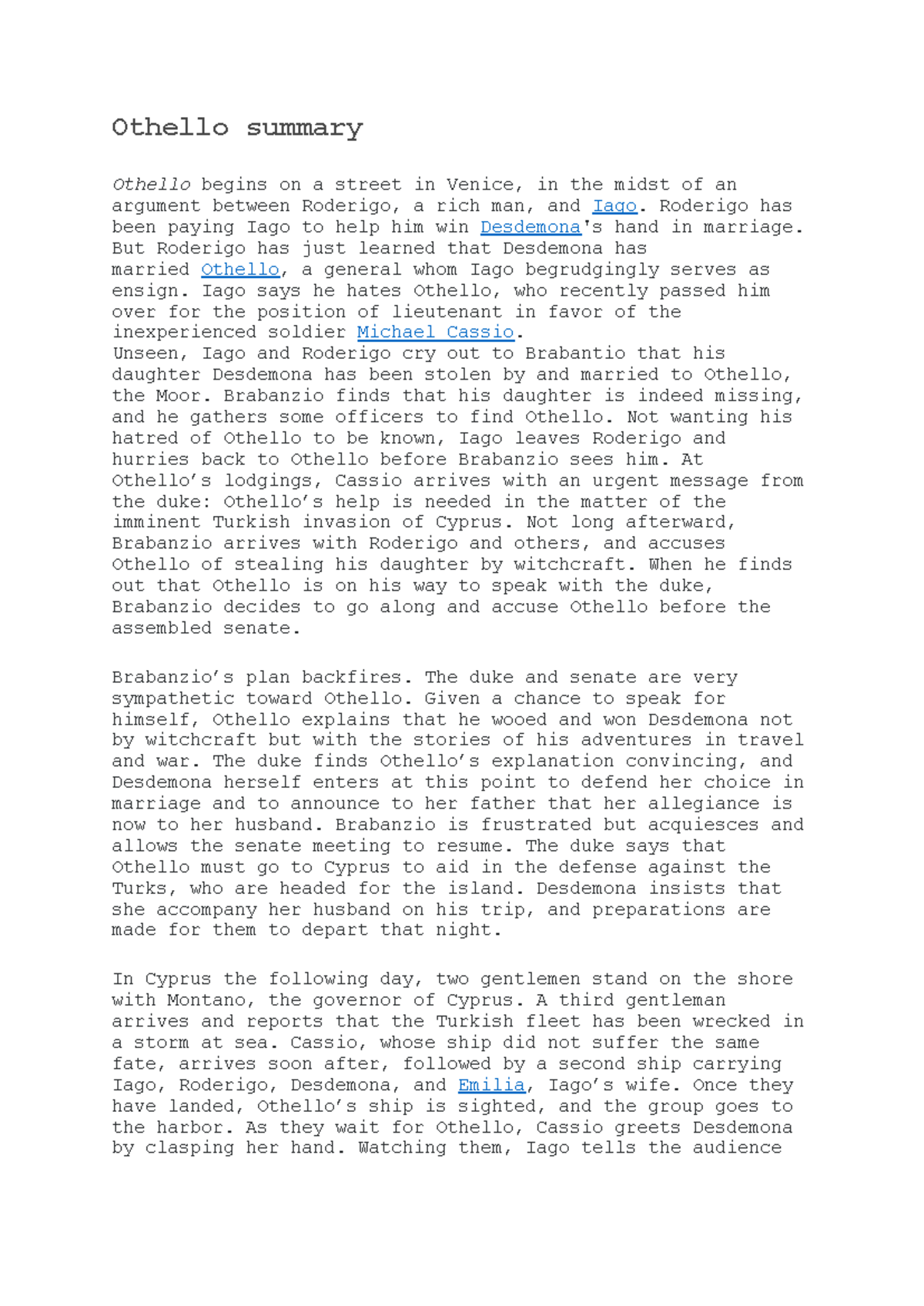Othello (ENG 101) play summary and analysis of key events - Studocu
