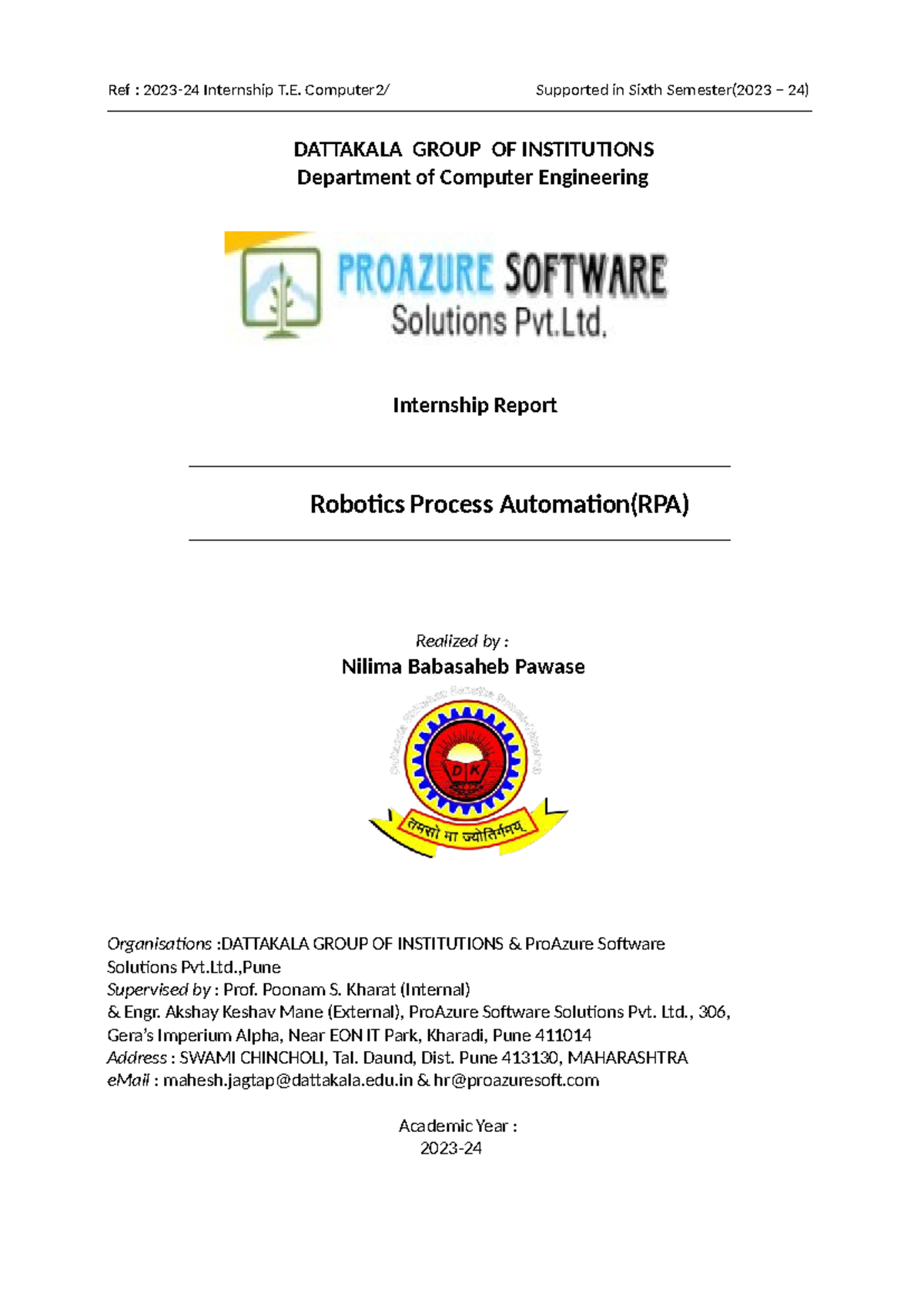 Internship report on robotic process automation for TE (Computer ...