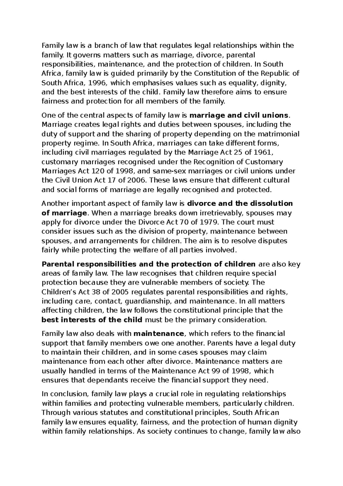 Family Law Overview: Key Principles and Regulations in SA - Studocu