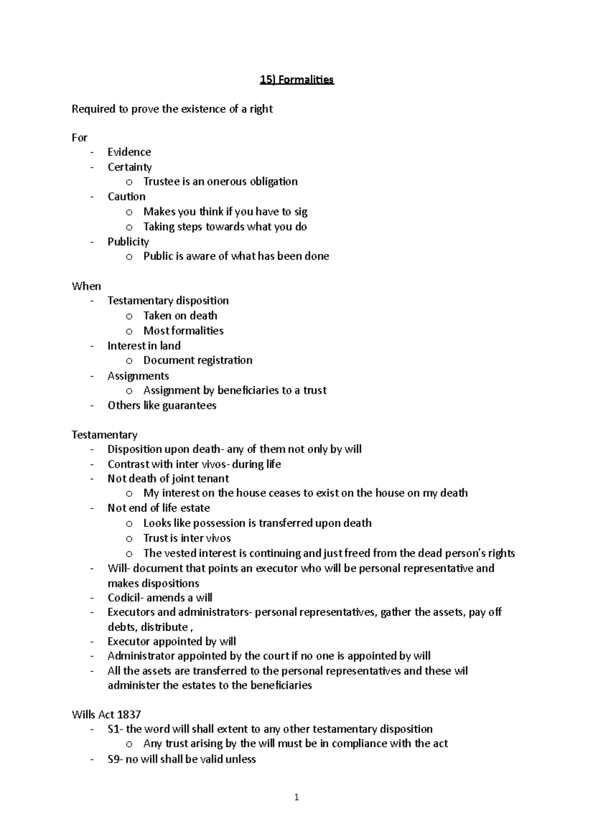 15) Formalities - Law Lecture Notes on Testamentary Dispositions - Studocu