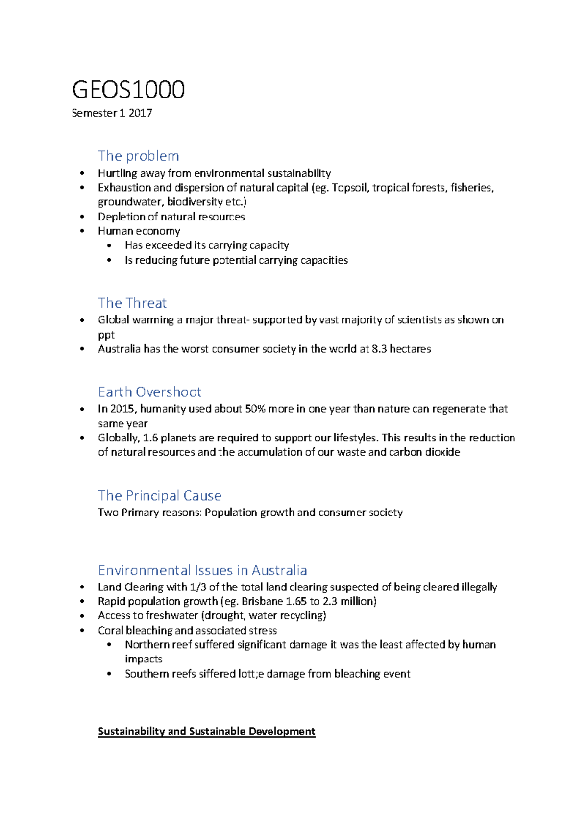 GEOS1000 Final Exam Study Notes: Environmental Sustainability Issues ...