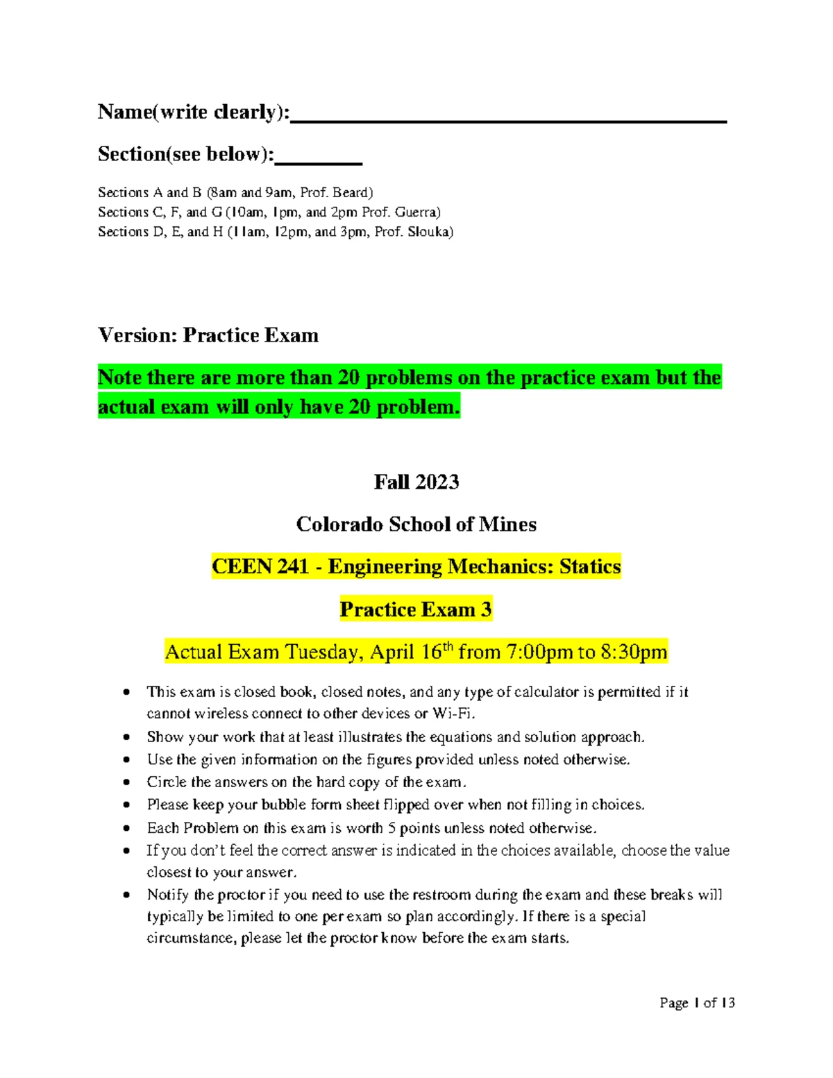 CEEN 241 Final Exam 3 Practice Questions and Solutions - Studocu