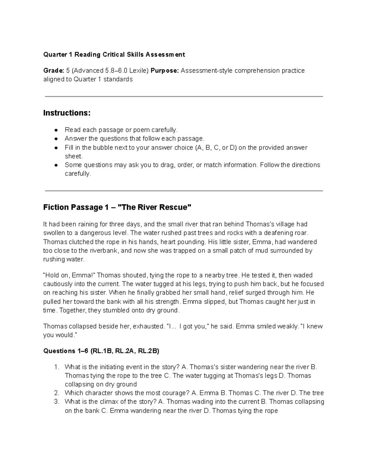 Quarter 1 Reading Critical Skills Assessment (Grade 5) - Comprehension ...