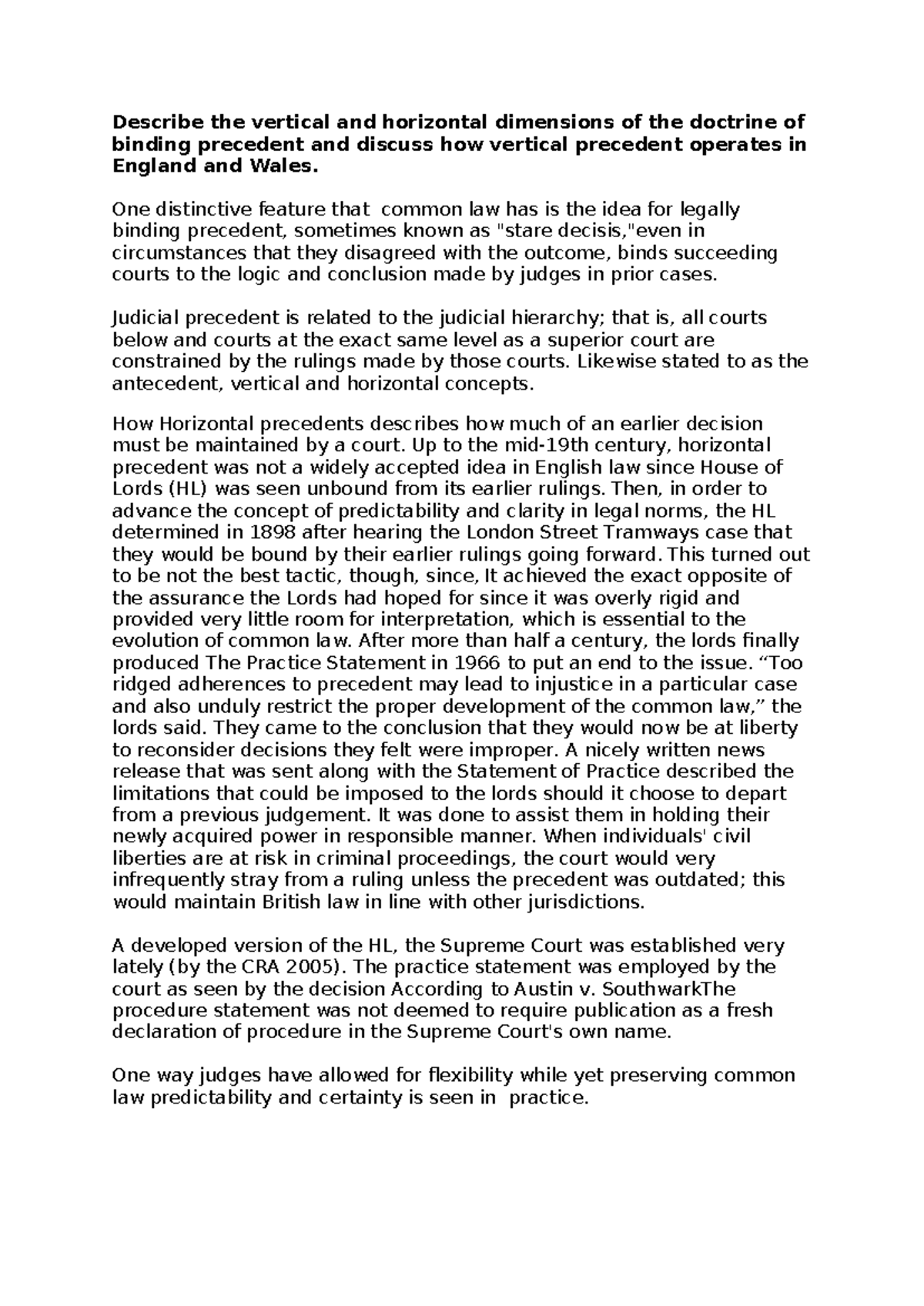 Binding Precedent in Common Law: Vertical & Horizontal Dimensions - Studocu