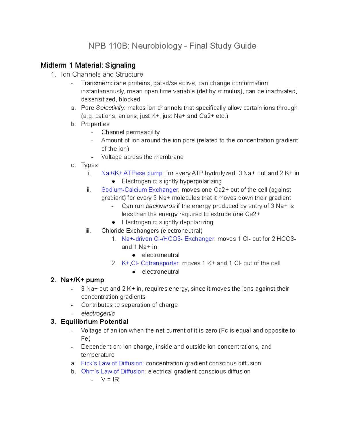NPB 110B Final Exam Study Guide: Neurobiology Key Concepts - Studocu