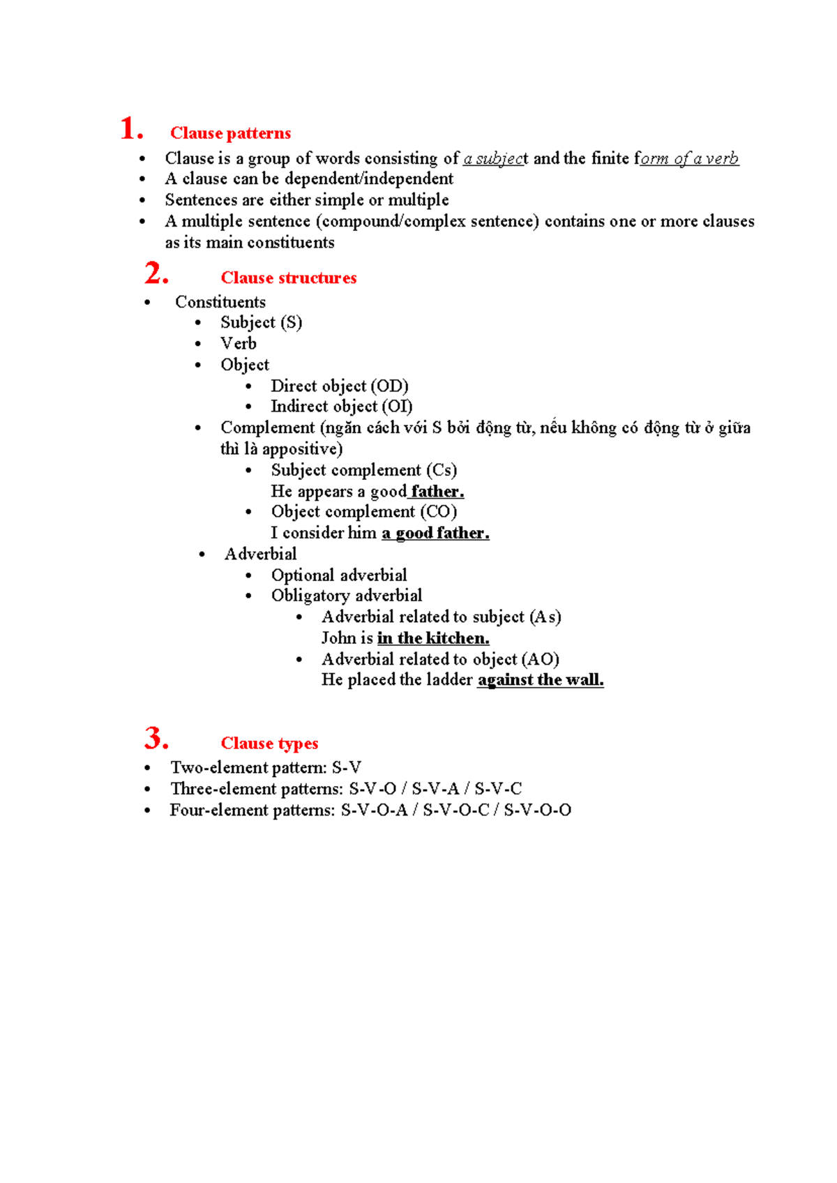 Clause Patterns - Các Thành Phần Cấu Tạo Một Mệnh Đề (Syntactics) - Studocu