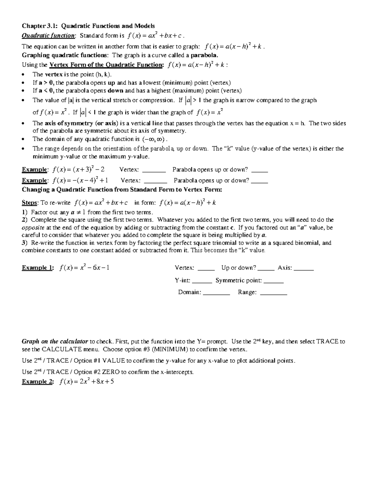 MAT 171 Chapter 3.1: Understanding Quadratic Functions & Their Graphs ...