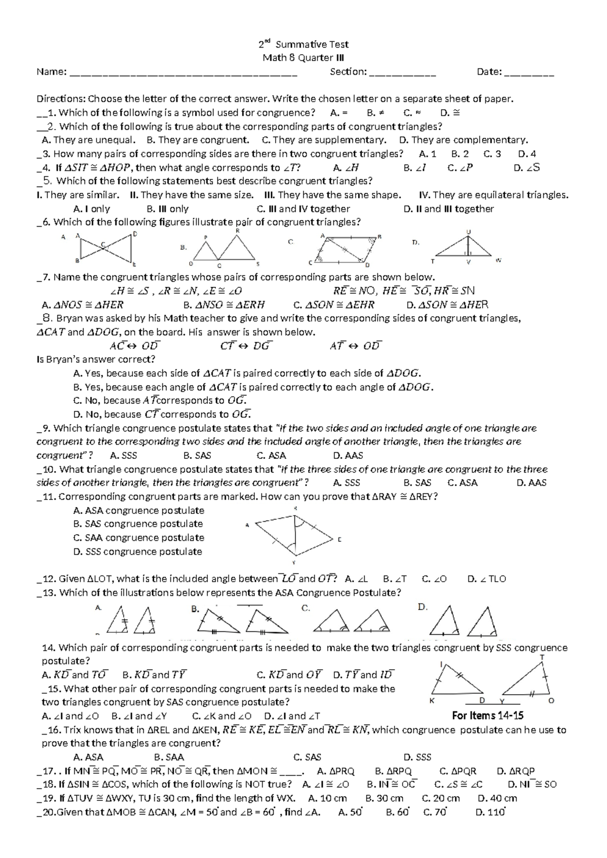 2nd Summative Test math 8 q3 - 2 nd Summative Test Math 8 Quarter III ...