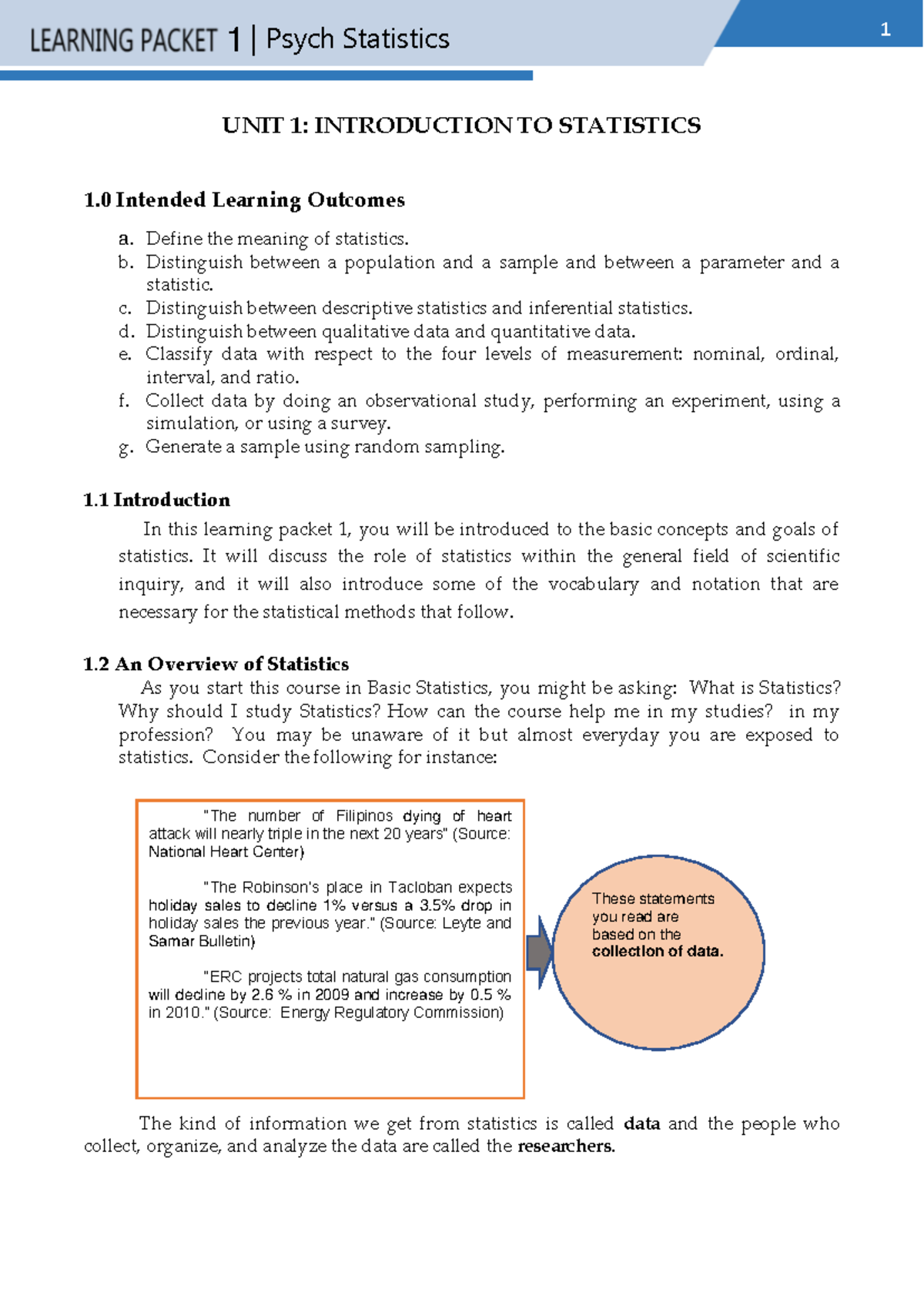 Psych Statistics 1: Unit 1 - Introduction to Statistics - Studocu