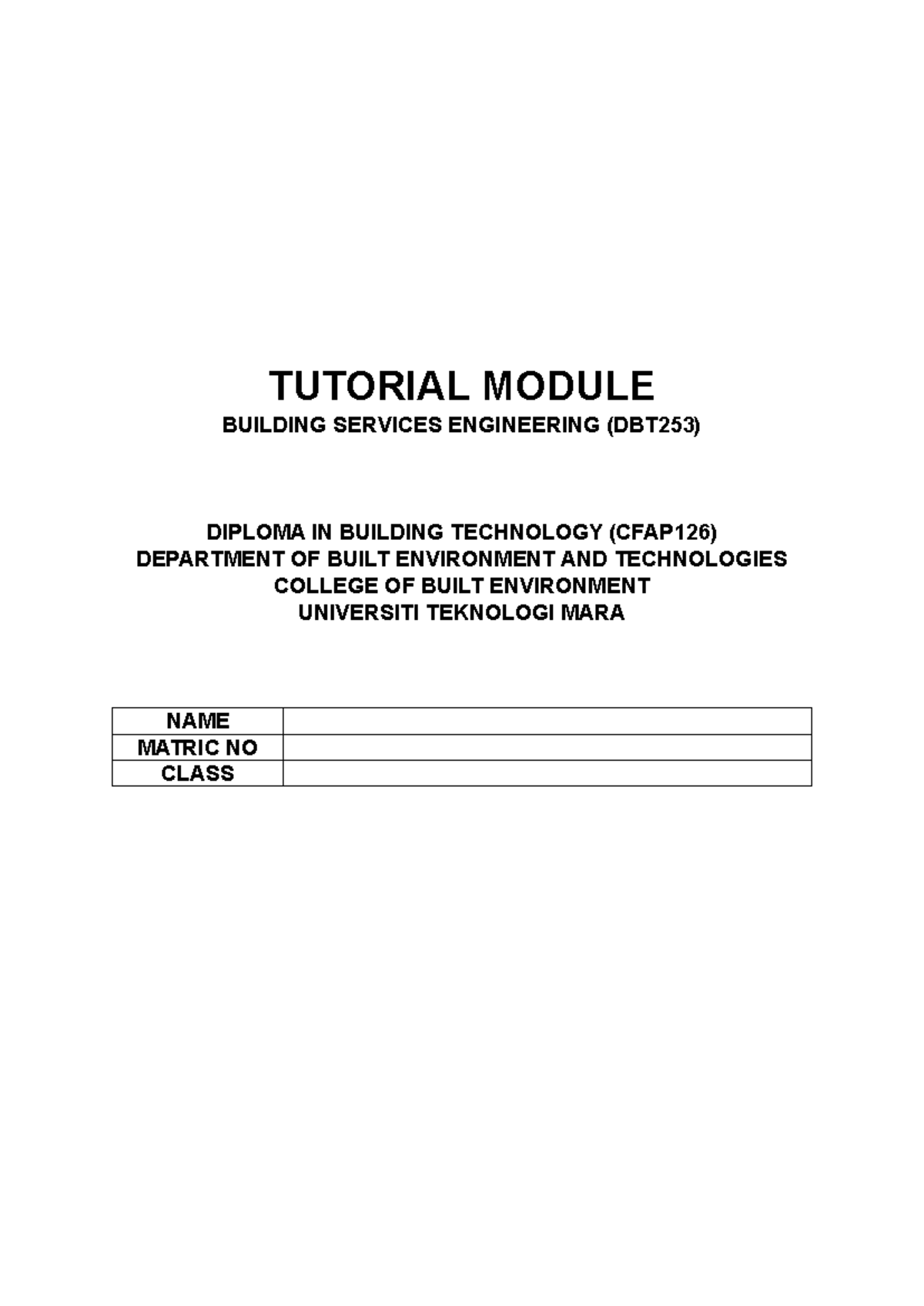 Tutorial Module DBT253: Building Services Engineering Overview - Studocu