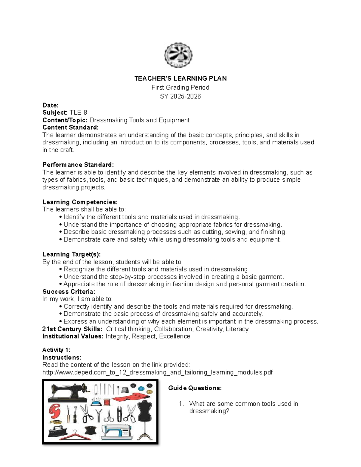 TLE 8 Learning Plan: Dressmaking Tools & Techniques (1st Grading) - Studocu