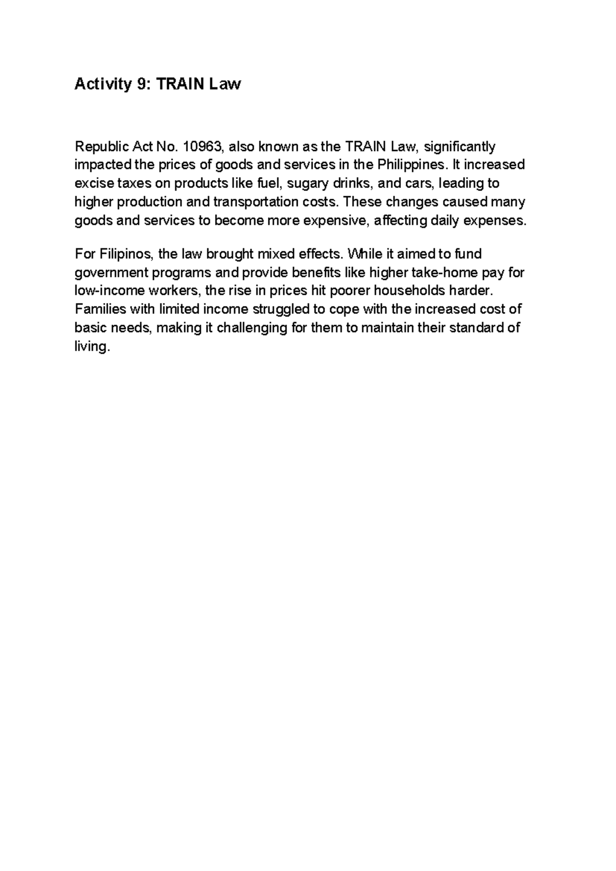 Activity 9 Train Law - Activity 9: TRAIN Law Republic Act No. 10963 ...