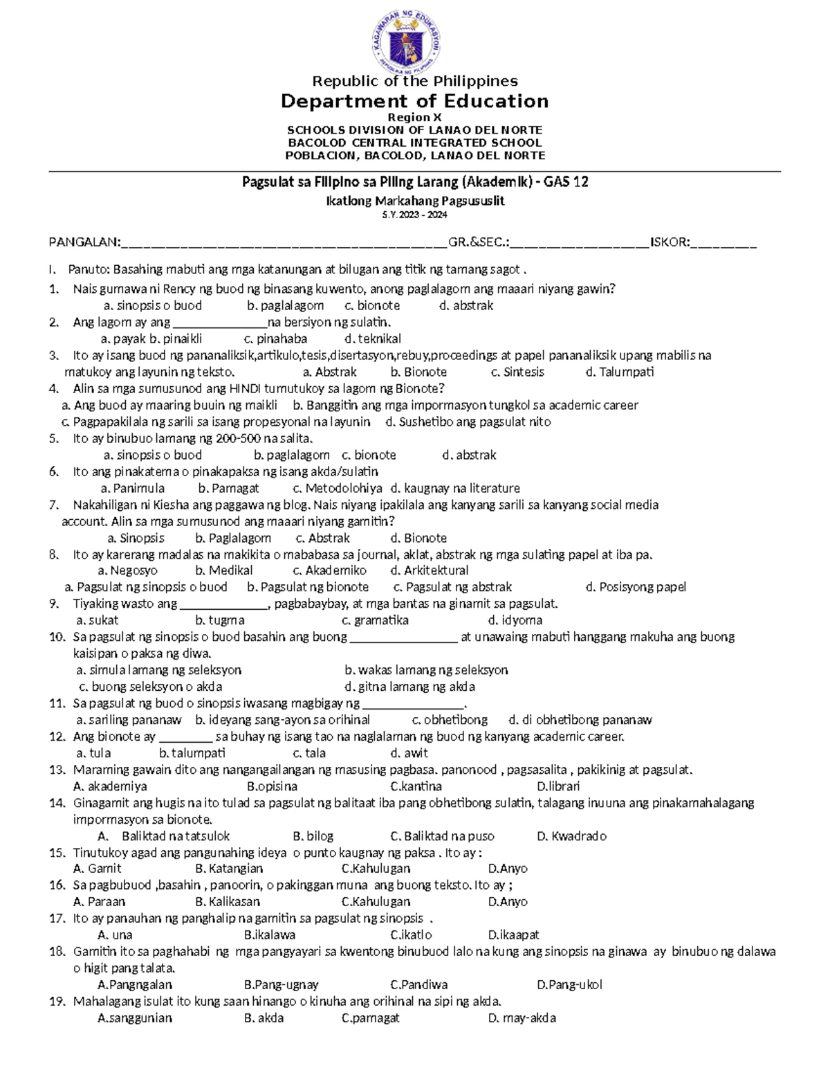 Pagsulat ng Iba't Ibang Uri ng Paglalagom - Akademik 12 Q3-M2 - Studocu
