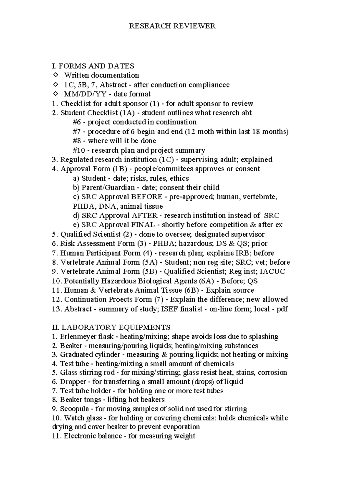 Research Reviewer Guidelines for Conducting Studies and Lab Equipment ...