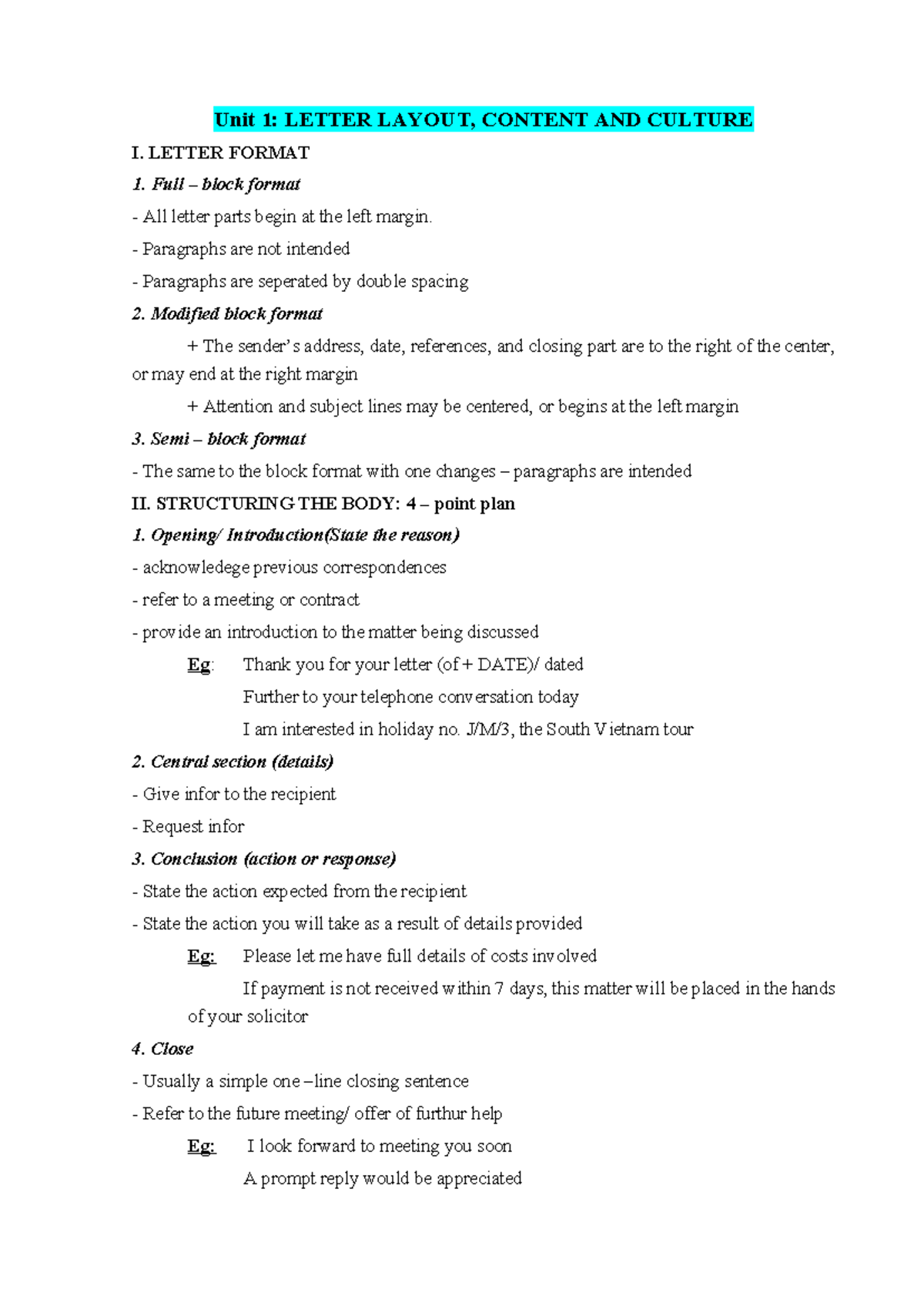 Unit 1: Letter Layout, Content, and Culture - Formatting Guide - Studocu