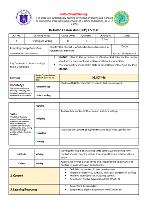 DLP V1 - DETAILED LESSON PLAN - Instructional Planning (The process of ...