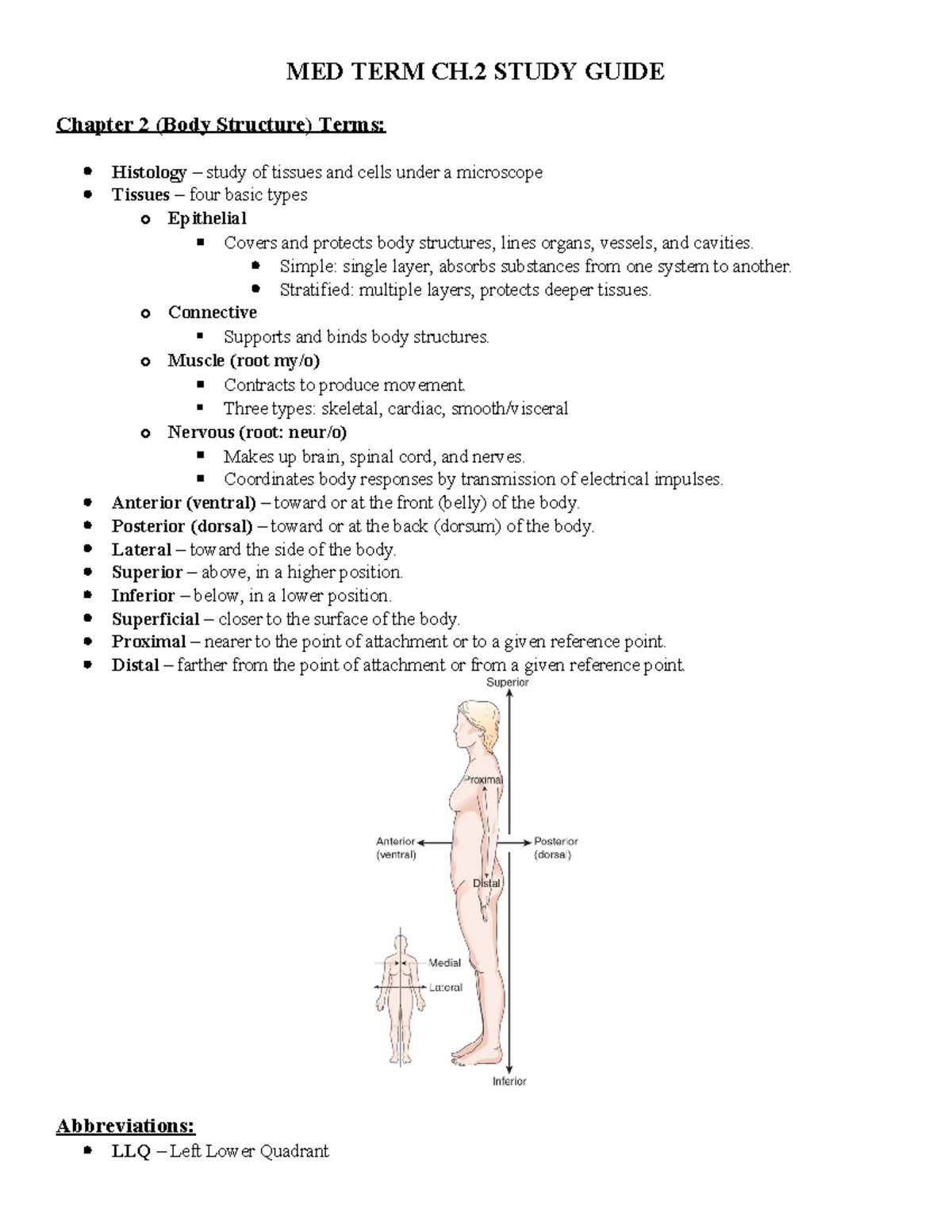 ch. 2 study guide - MED TERM CH STUDY GUIDE Chapter 2 (Body Structure ...