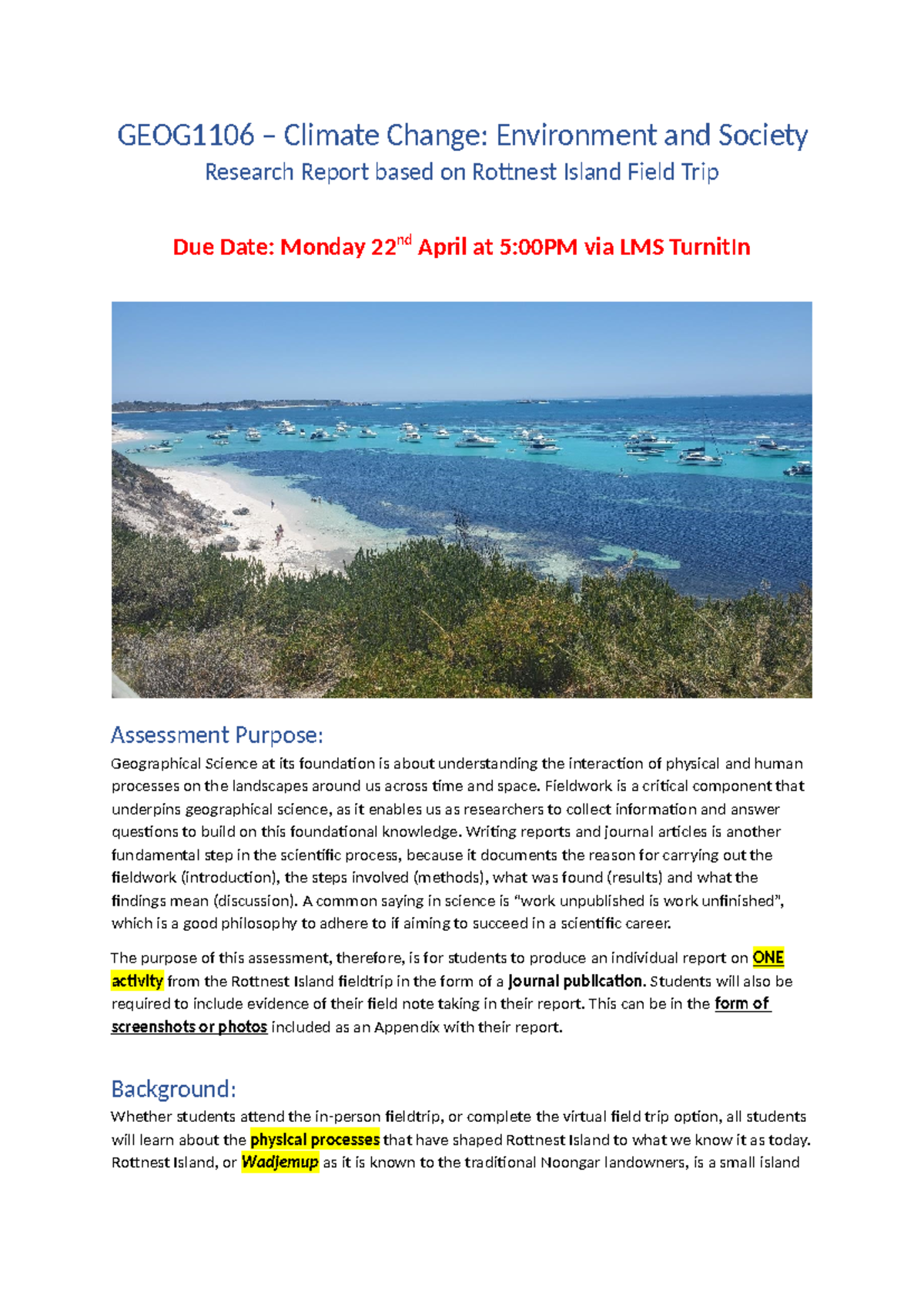 GEOG1106 Field Report: Rottnest Island Climate Change Study 2024 - Studocu