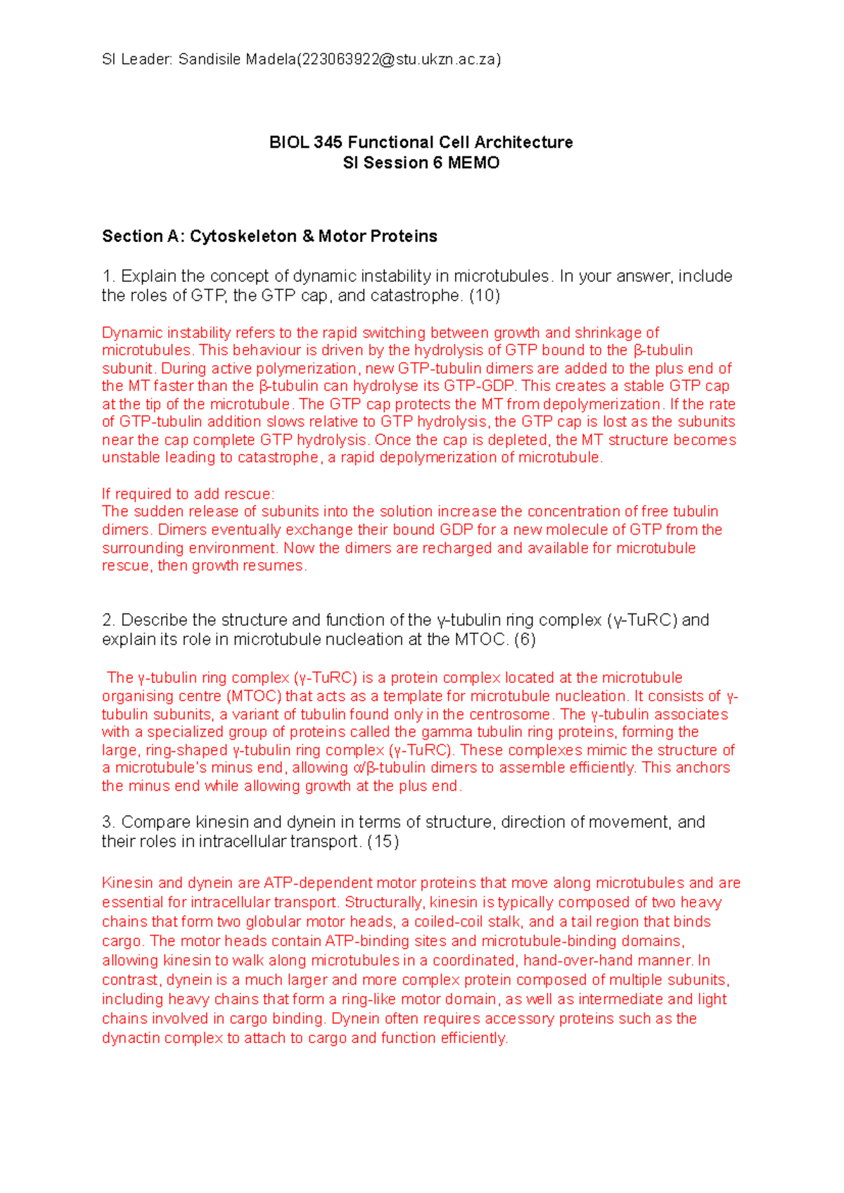 BIOL 345 SI Session 6 & 7 MEMO: Cytoskeleton & Cell Signaling Insights ...