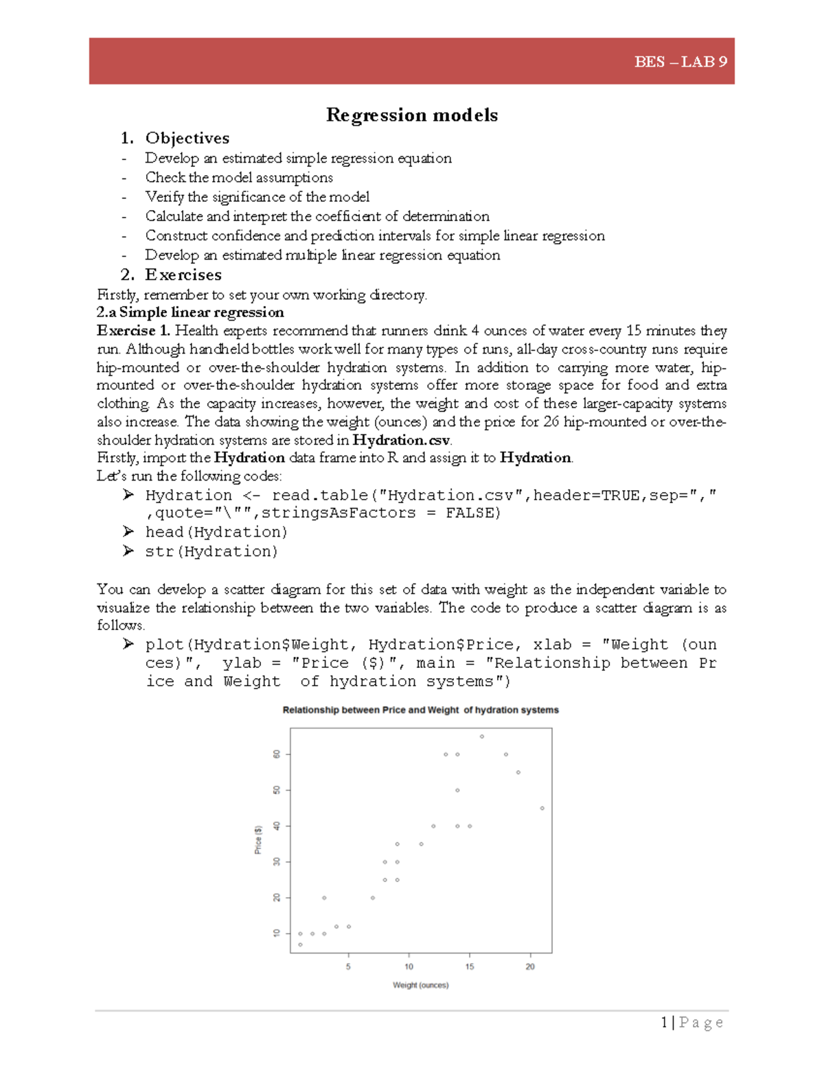 BES - R Lab 9 - nkblui - Regression models 1. Objectives - Develop an ...