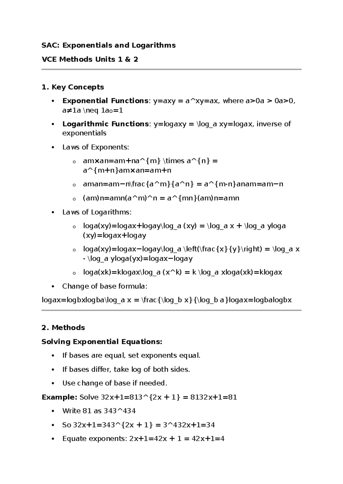 SAC: Exponentials & Logarithms - Key Concepts & Methods VCE Units 1 2 ...