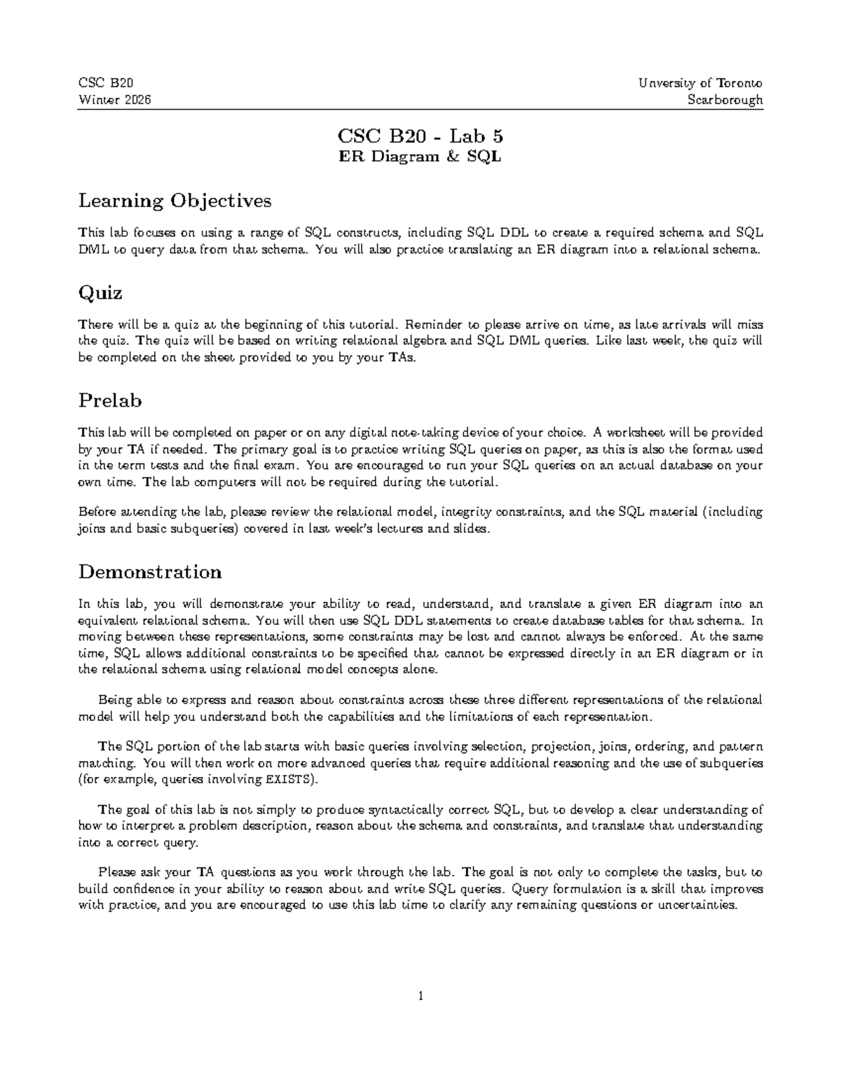 CSC B20 Winter 2026 Lab 5: ER Diagram & SQL DDL Practice - Studocu