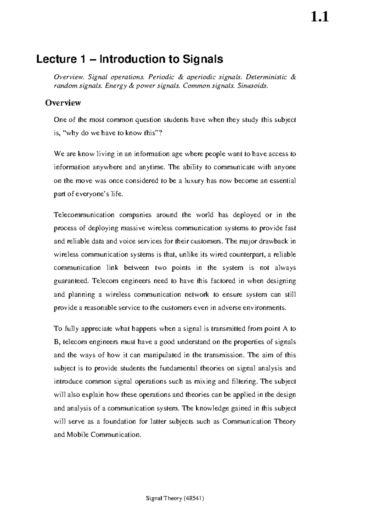 Reading 4 Signal and system - Lecture 1 – Introduction to Signals ...