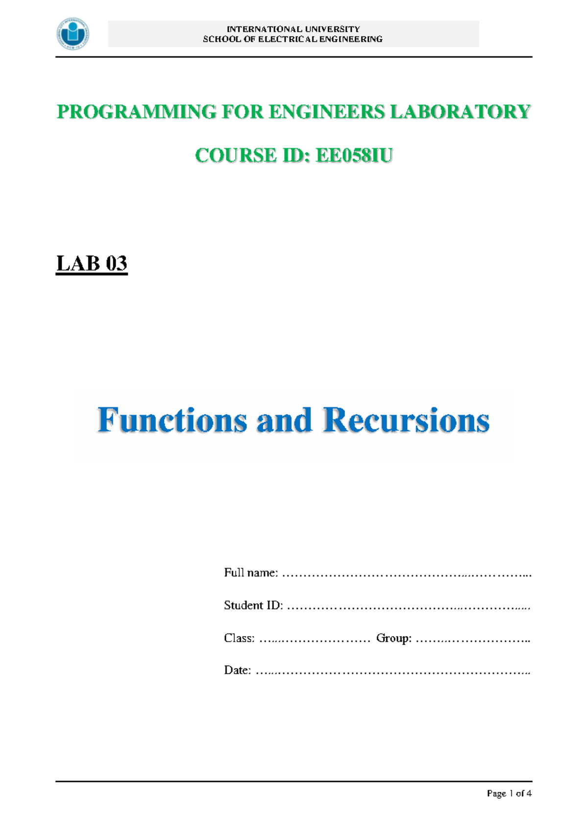 EE058IU Lab 03: Functions and Recursions in Programming for Engineers ...